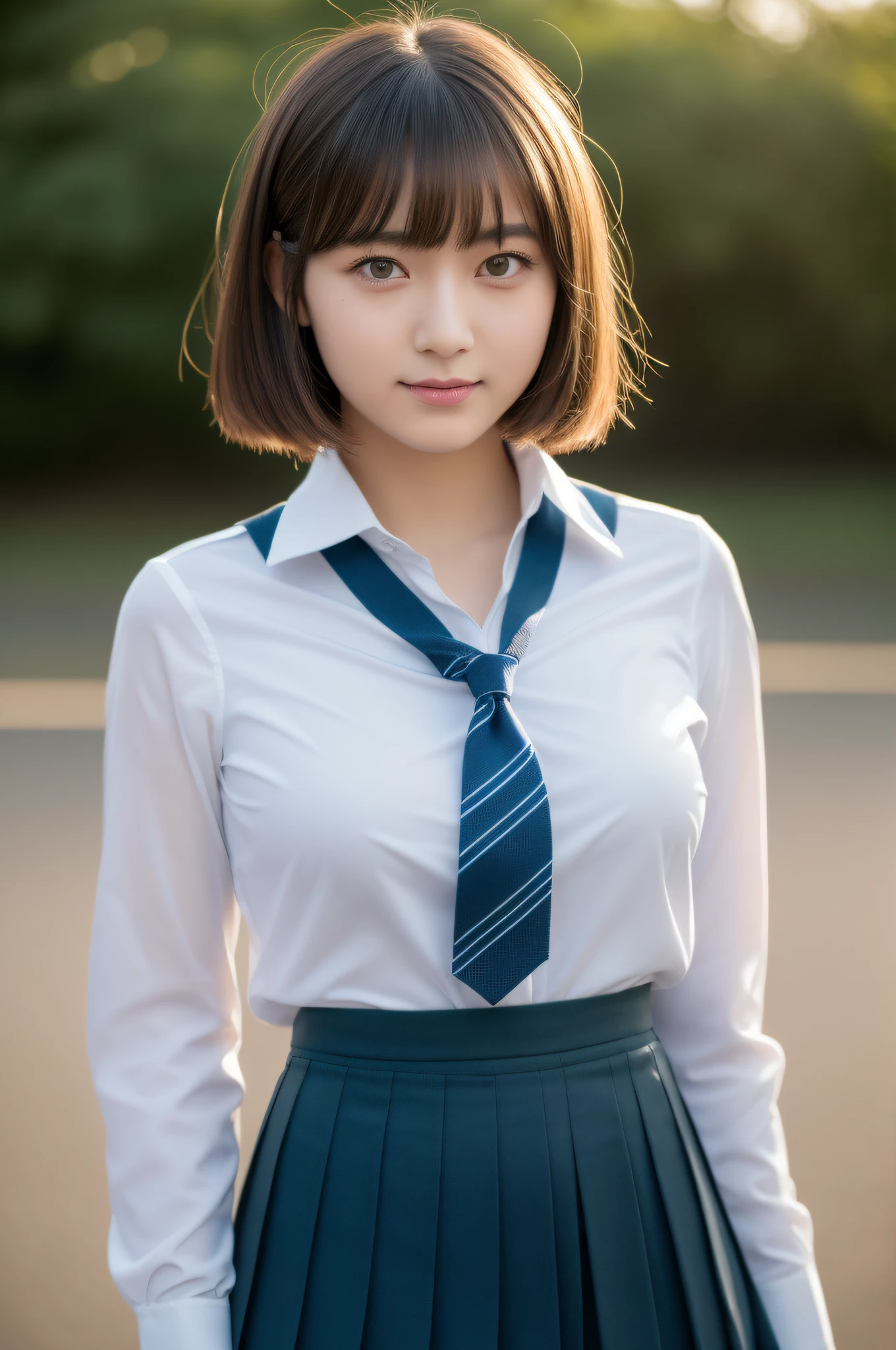 8K, Top Quality, Real Image, Complex Detail, Ultra Detail, Ultra High Definition, Depth Field,(Photorealistic,Real:1.2),Masterpiece, 0.25 :: Close Up , Straight On Shot , Middle Out ,
One girl, ai_chan, very beautiful -yeld gi innocent big eyes, (Brown_SHORT_hair), (GREEN_eyes: 1.0), (bangs), disheveled hair, (hair clip), perfect shiny skin, perfect skin, fair skin, medium breasts, slender, cleavage, thin waist, light blush, solo, looking at the viewer, light smile,
wear ((school_uniform), (white_skirt), (BLUE_Long_Tie), (BLUE_pleated_skirt), (Black_pantyhose): 1.2),
(Gravure Pose: 1.1),
sunset
Japan High School ,Full Body