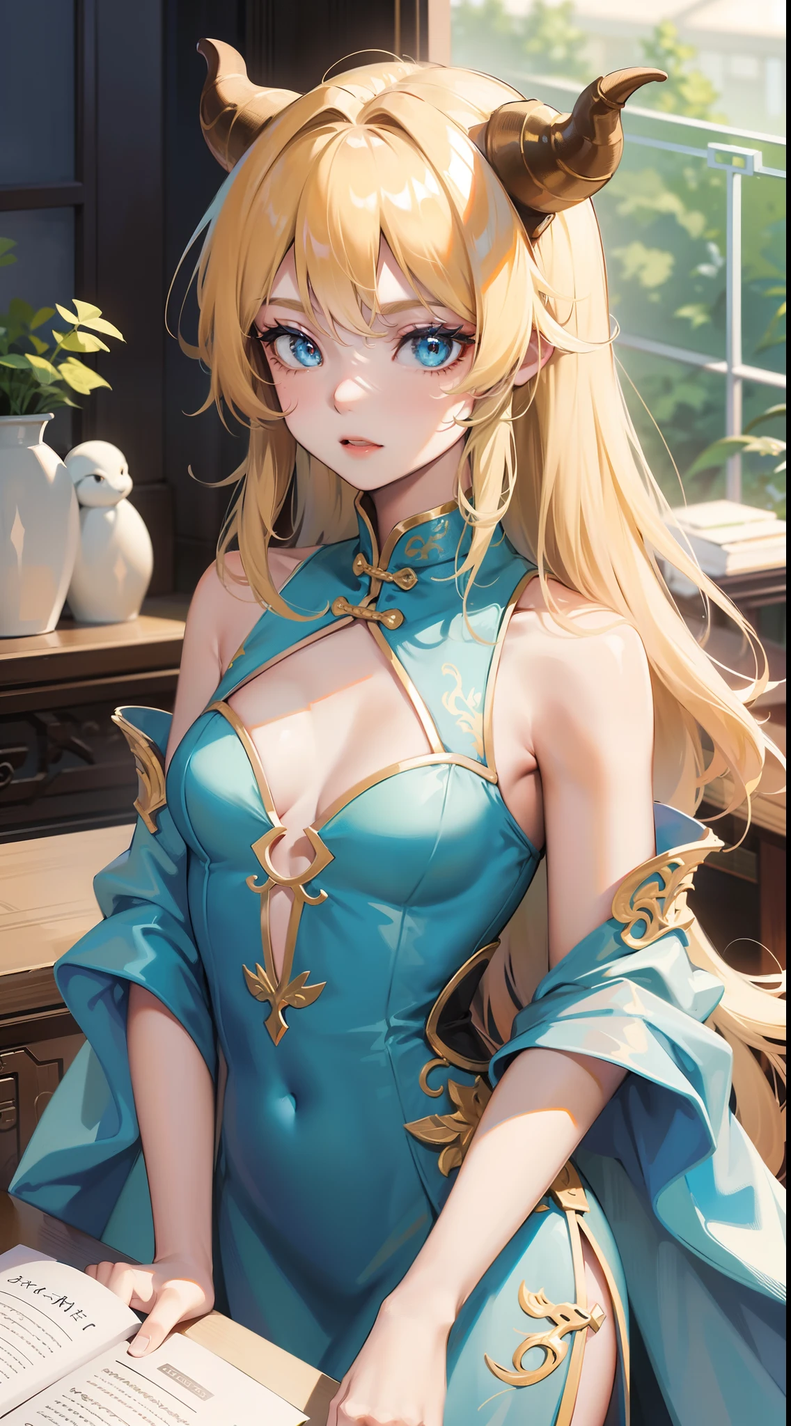 young girl, longue blonde hair, dragon horns, Cyan eyes, tight blue chinese dress, neckline on the chest, grudge, little chest, Masterpiece, hiquality