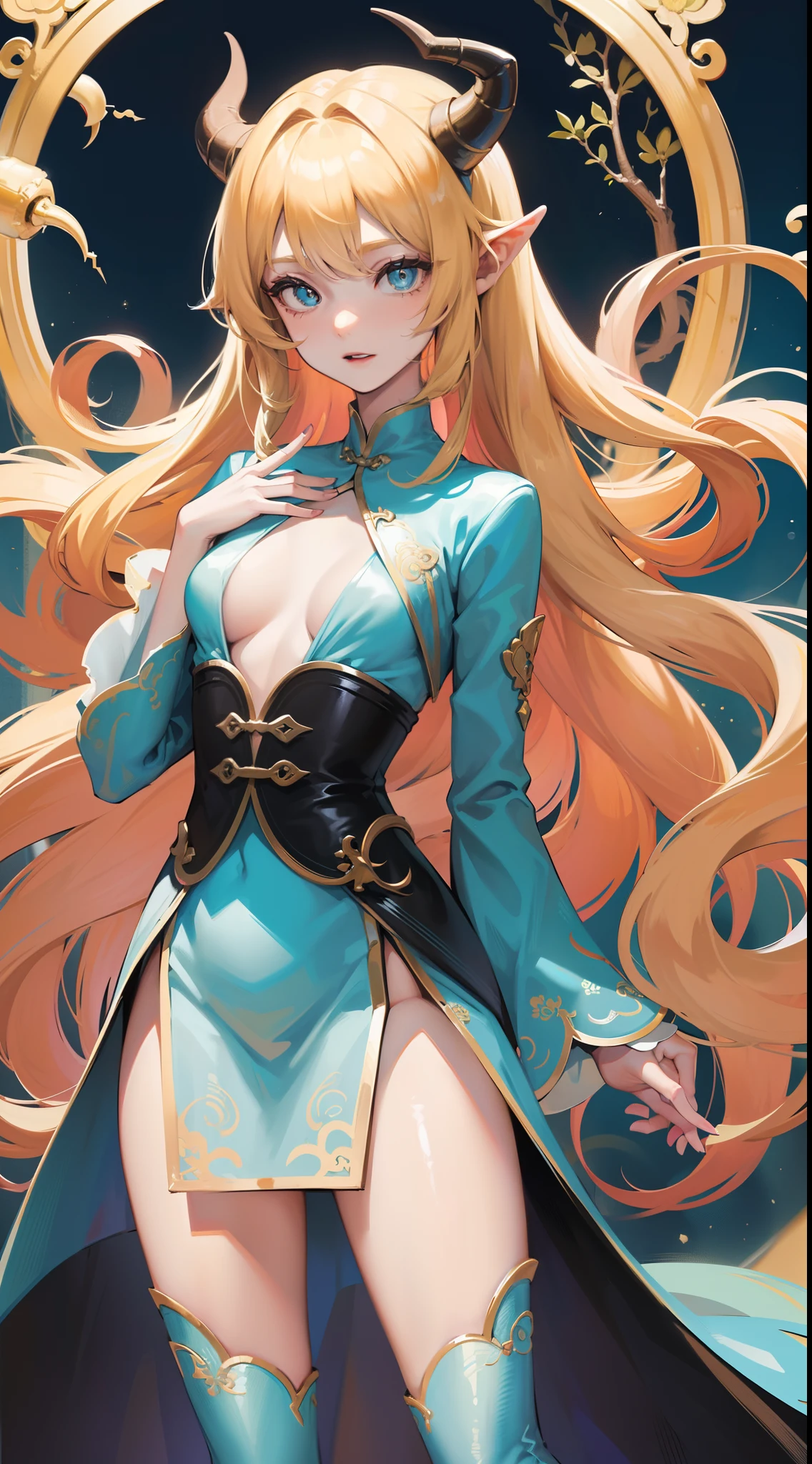 young girl, longue blonde hair, dragon horns, Cyan eyes, tight blue chinese dress, neckline on the chest, grudge, little chest, Masterpiece, hiquality