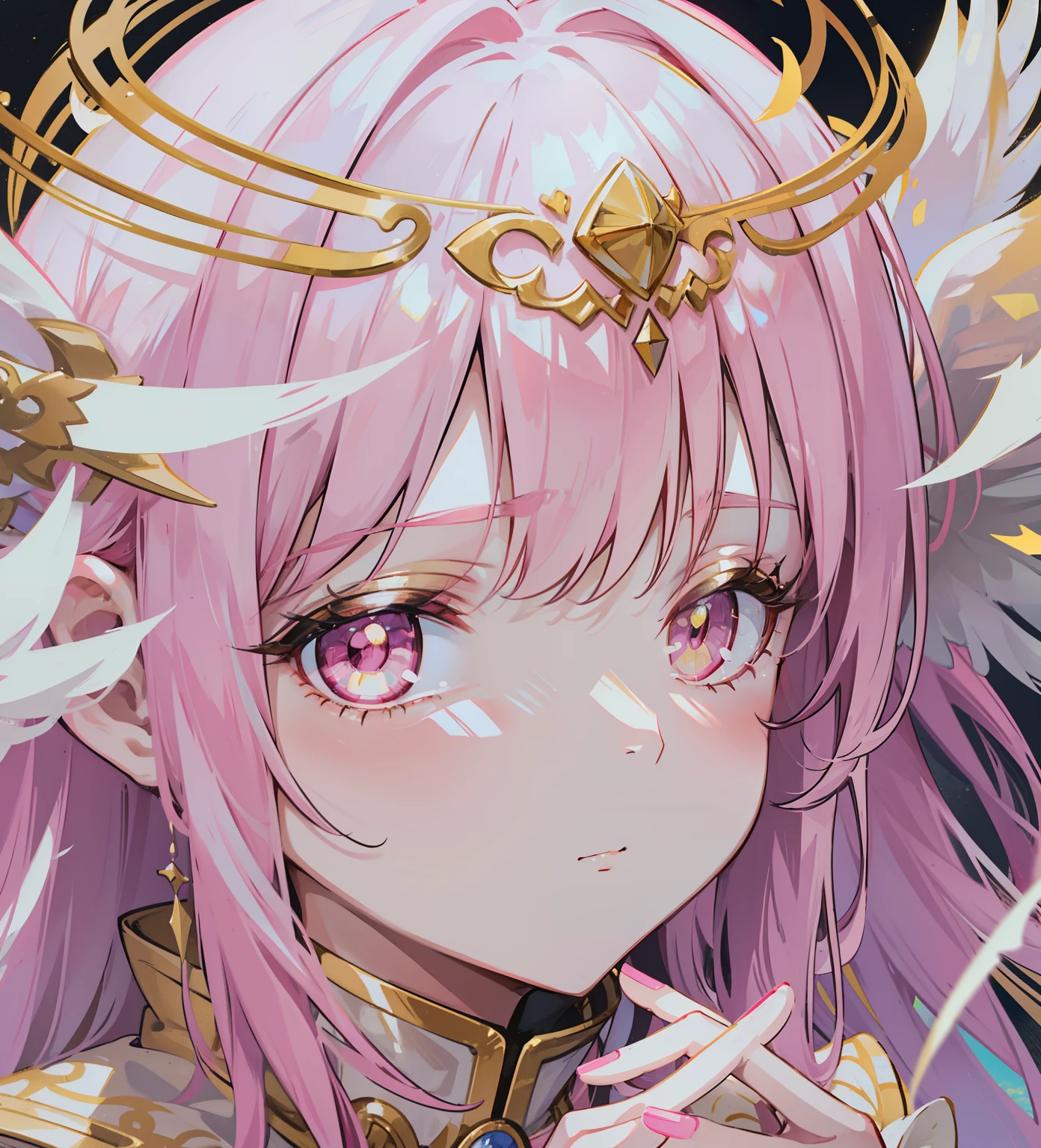 Long pink and white hair,Pink-white wings,Dark yellow pupils,Decorated with resplendent gold,Soft clothes that match white with yellow,She is a cute and sweet beautiful girl