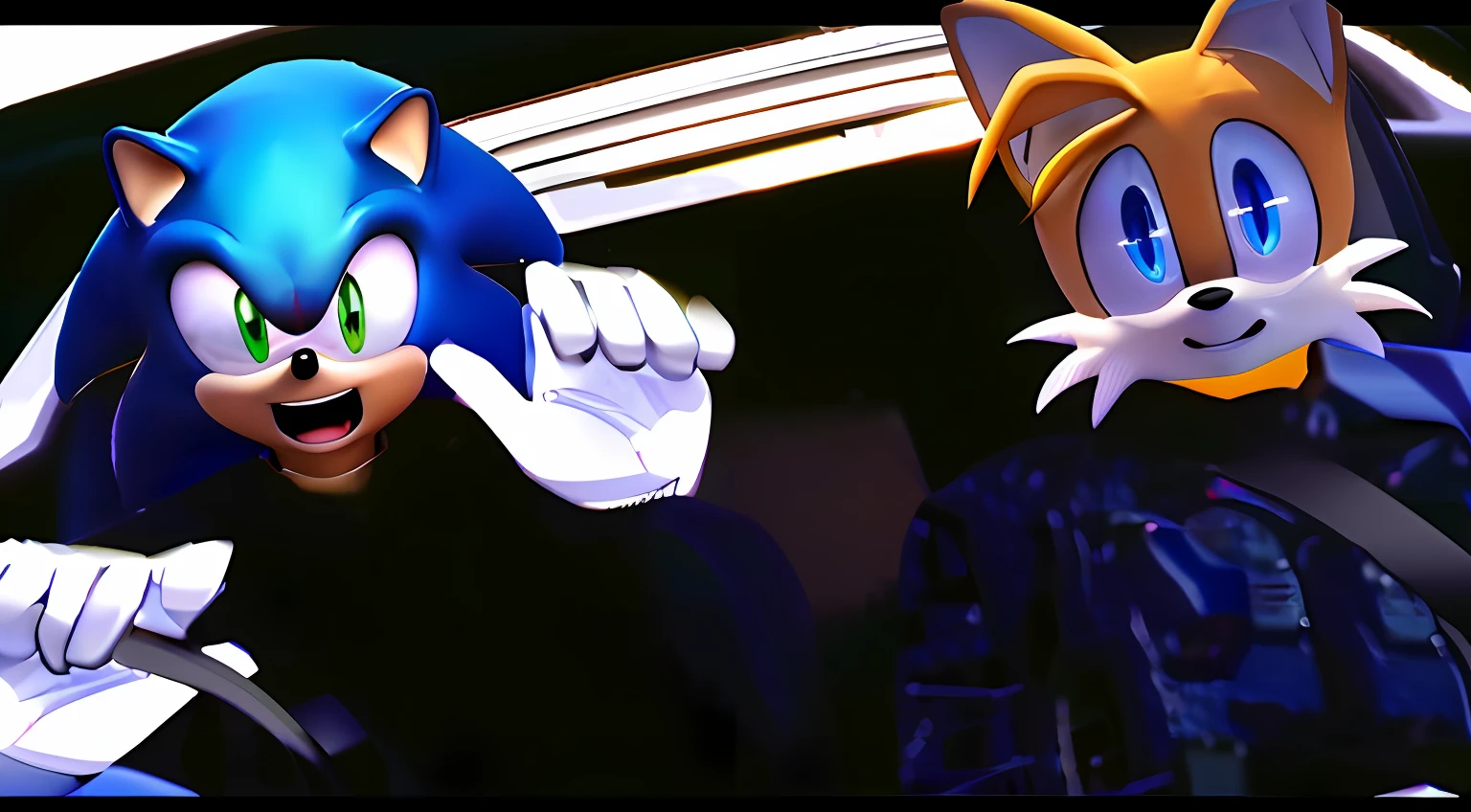 sonic the hedge and tails are driving in a car, in the new action-movie sonic, from sonic, movie sonic, sonic looks like he is happy shocked, sonic the hedgehog in a surreal, sonic, sonic power, sonic game, sonic hedgehog, sonic the hedgehog, hyper - sonic, 9 0 s cgi