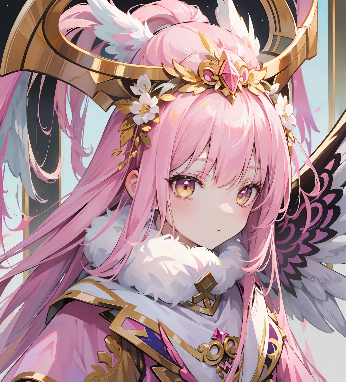 Long pink and white hair，Pink-white wings，Dark yellow pupils，Decorated with resplendent gold，Soft clothes that match white with yellow，She is a cute and sweet beautiful girl