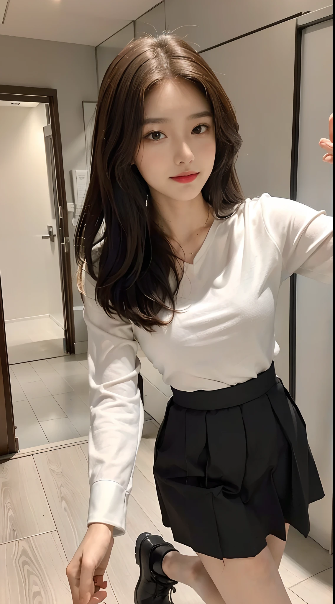 ((Best picture quality, 8K, tmasterpiece: 1.3)), self-shot, Sharp focus: 1.2, A cute beauty with a perfect figure: 1.4, Slim, ((Brown hair black)) , (whitet-shirt，pleatedskirt，Highly detailed face，Happy expression，standing on your feet：1.2），（（The city of blue skies，simple bedrooms：1.3. Produced with a major focus on women）），Highly detailed facial and skin texture，Detailed eyes，二重まぶた