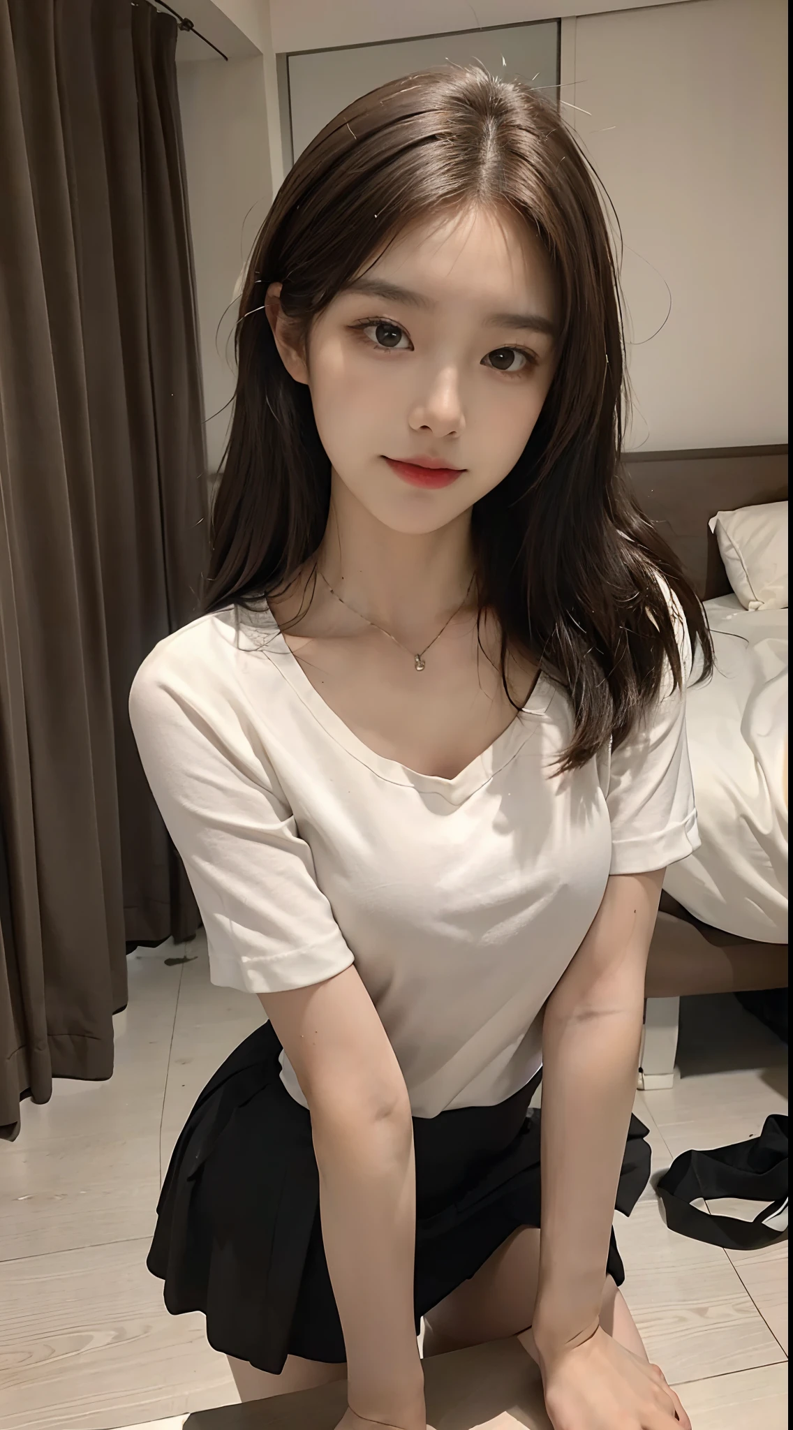 ((Best picture quality, 8K, tmasterpiece: 1.3)), self-shot, Sharp focus: 1.2, A cute beauty with a perfect figure: 1.4, Slim, ((Brown hair black)) , (whitet-shirt,pleatedskirt,Highly detailed face,Happy expression,standing on your feet:1.2),((The city of blue skies,simple bedrooms:1.3. Produced with a major focus on women)),Highly detailed facial and skin texture,Detailed eyes,二重まぶた
