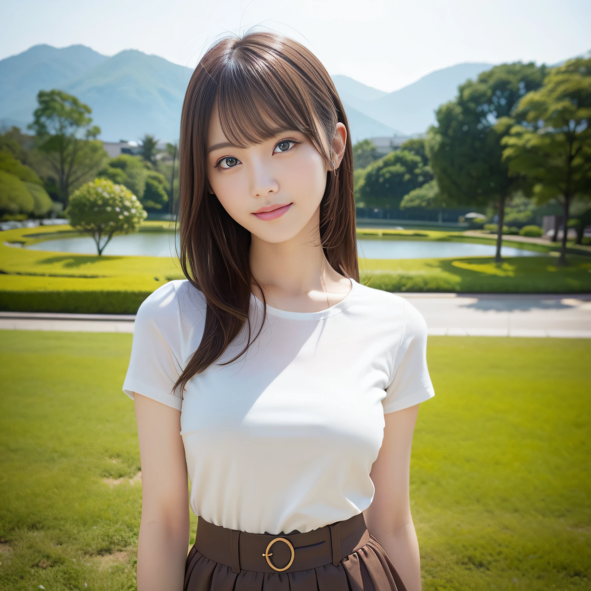 in 8K,Best Quality:1.4, 超A high resolution:1.5, (Photorealistic:1.4),masterpiece:1.2,(top-quality:1.4)、 Raw photo、(the background is blurred), Park on a hill with a good view:1.4、blue-sky、lawn、FULL BODYSHOT:1.8、 1日本人の女の子, Cute, (Solo), (Shy smile), Smooth skin、(30-years old:1.2)、TThe shirt、to stand、Check miniskirt、Cute mini skirt、beauty legs、Slender feet、 (Brown medium hair,Bangs), (touch hair:1.4)、nogizaka、cute little、Supple fingertips,Beautiful black eyes、natural skin textures:1.3, realistic eyes and face details:1.7、middlebreasts、gazing at viewer、gravure