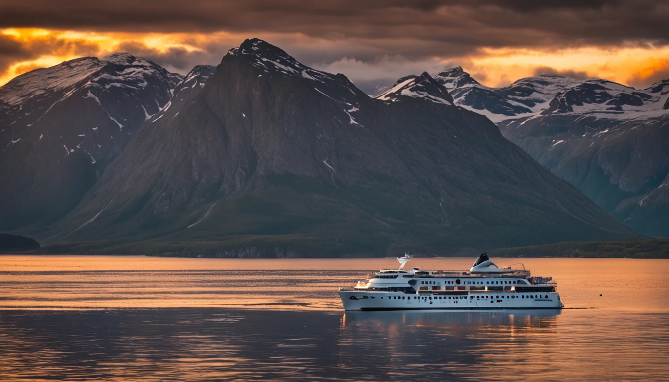 Kreuzfahrtschiff auf hoher See, Menschen an Deck, strahlender Sonnenuntergang, majestic mountains of Norway in the background
