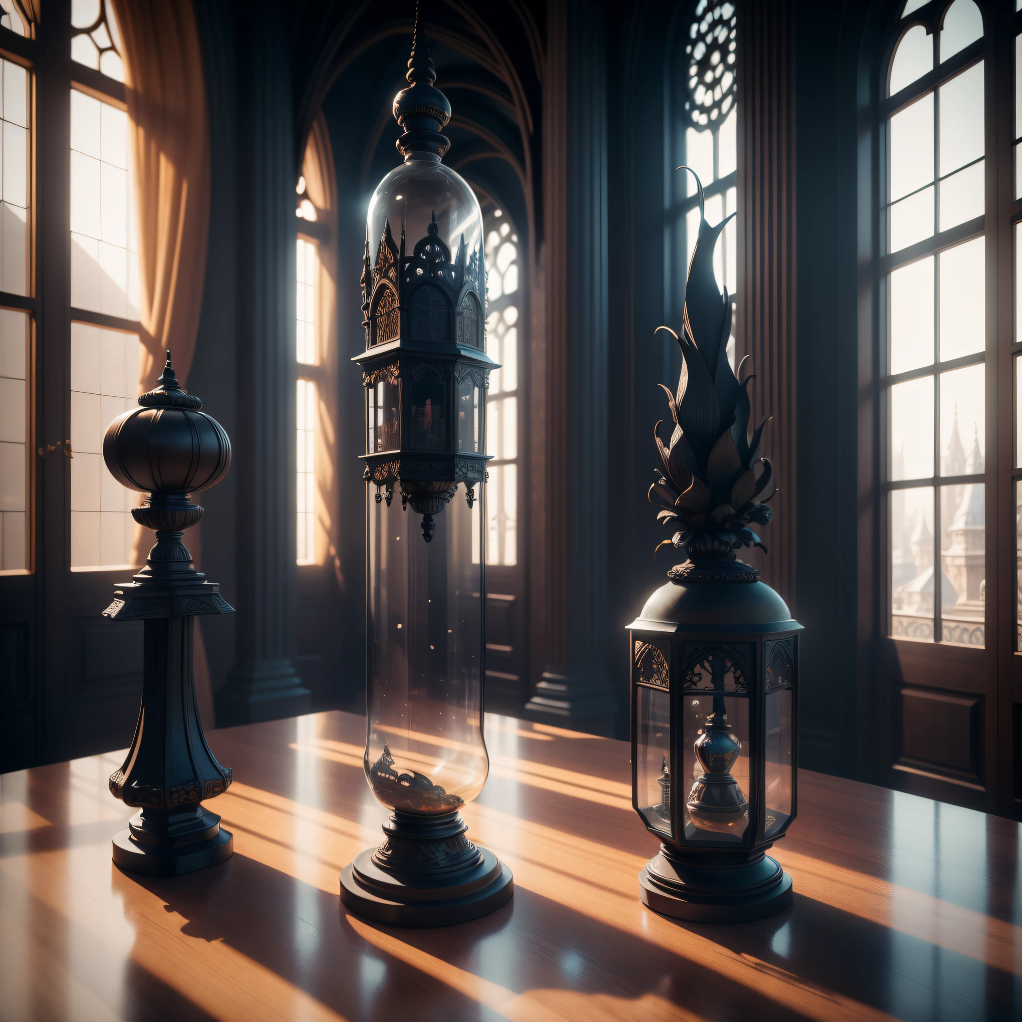 Spectacular Tiny World in the Transparent Jar On the Table, interior of the Great Hall, Elaborate, Carved Architecture, Anatomy, Symetrical, Geometric and Parameteric Details, Precision Flat line Details, Pattern, Dark fantasy, Dark errie mood and ineffably mysterious mood, Technical design, Intricate Ultra Detail, Ornate Detail, Stylized and Futuristic and Biomorphic Details, Architectural Concept, Low contrast Details, Cinematic Lighting, 8k, by moebius, Fullshot, Epic, Fullshot, Octane render, Unreal ,Photorealistic, Hyperrealism