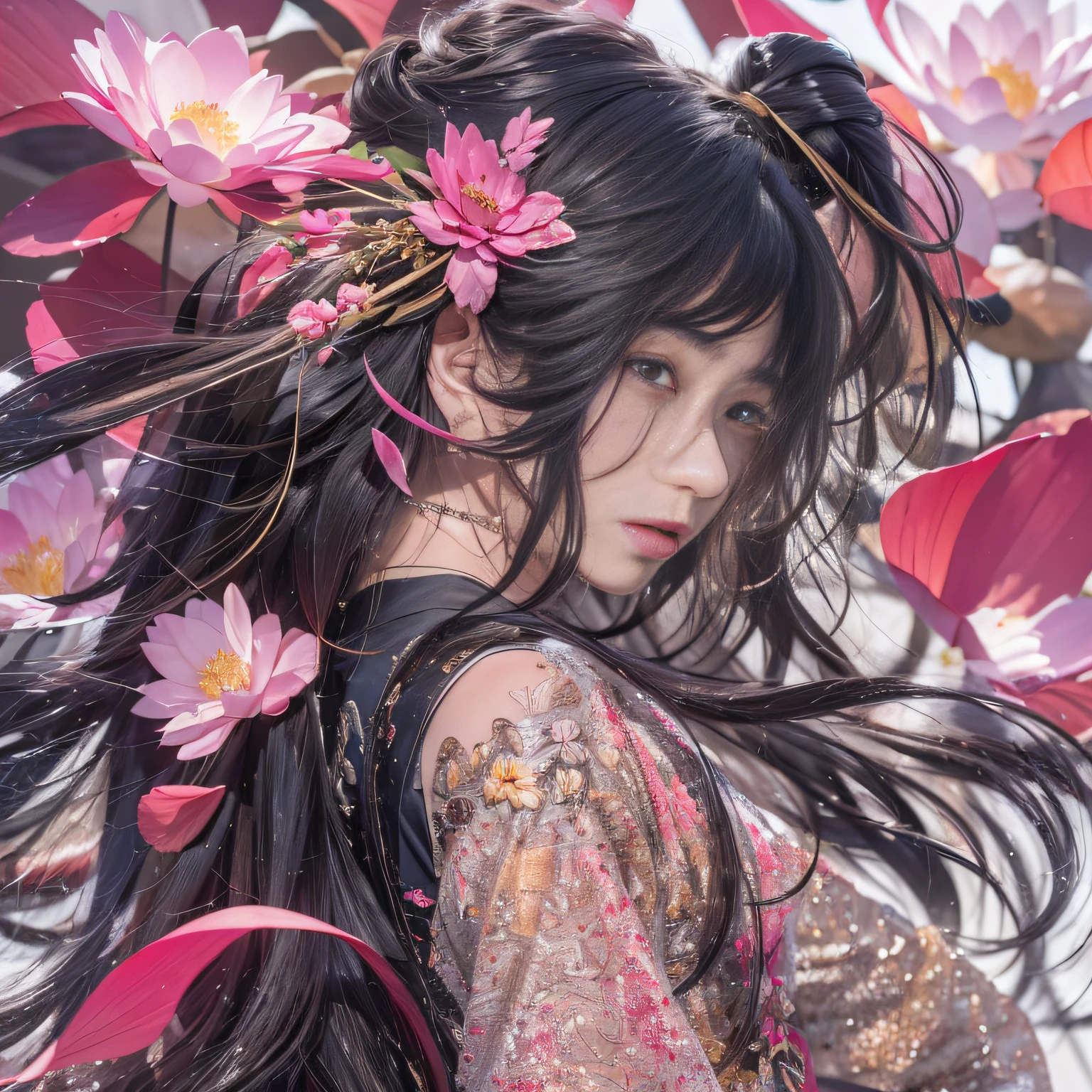 32K(tmasterpiece,k hd,hyper HD,32K)Long flowing black hair,ponds,zydink, a color, Asian people (Silly girl), (Silk scarf), Combat posture, looking at the ground, long whitr hair, Floating hair, Carp pattern headdress, Chinese long-sleeved clothing, (abstract ink splash:1.2), Pink petal background,Pink and white lotus flowers fly(realisticlying:1.4),Black color hair,Fallen leaves flutter,The background is pure, A high resolution, the detail, RAW photogr, Sharp Re, Nikon D850 Film Stock Photo by Jefferies Lee 4 Kodak Portra 400 Camera F1.6 shots, Rich colors, ultra-realistic vivid textures, Dramatic lighting, Unreal Engine Art Station Trend, cinestir 800,Long flowing black hair
