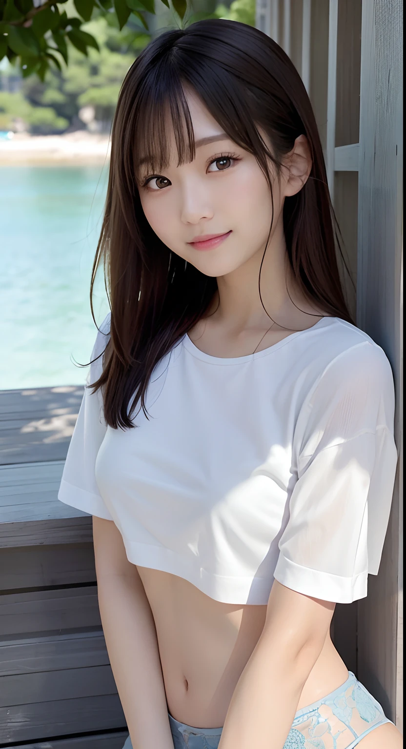 (Raw photography:1.2)、top-quality、Detailed beauty、Beautiful Korean Woman、The most beautiful women in the world、Beautiful sharp face、面長、21years old、A smile、Happy smile、light brown hair、fluffy and voluminous hair、extra detailed face、beatiful detailed eyes、eye line、Nasal nose、a small face、small tits、tiny chest、Natural sunlight、depth of fields、Blurry background、hight resolution、8k wallpaper、finely detail、Very detailed 8k wallpaper、电影灯光、sexy  pose、(photorealisim:1.4)、super detailing、​masterpiece、croptop、Small T-shirt、hotpants、shot from a side angle、Road by the sea、lean against the wall、