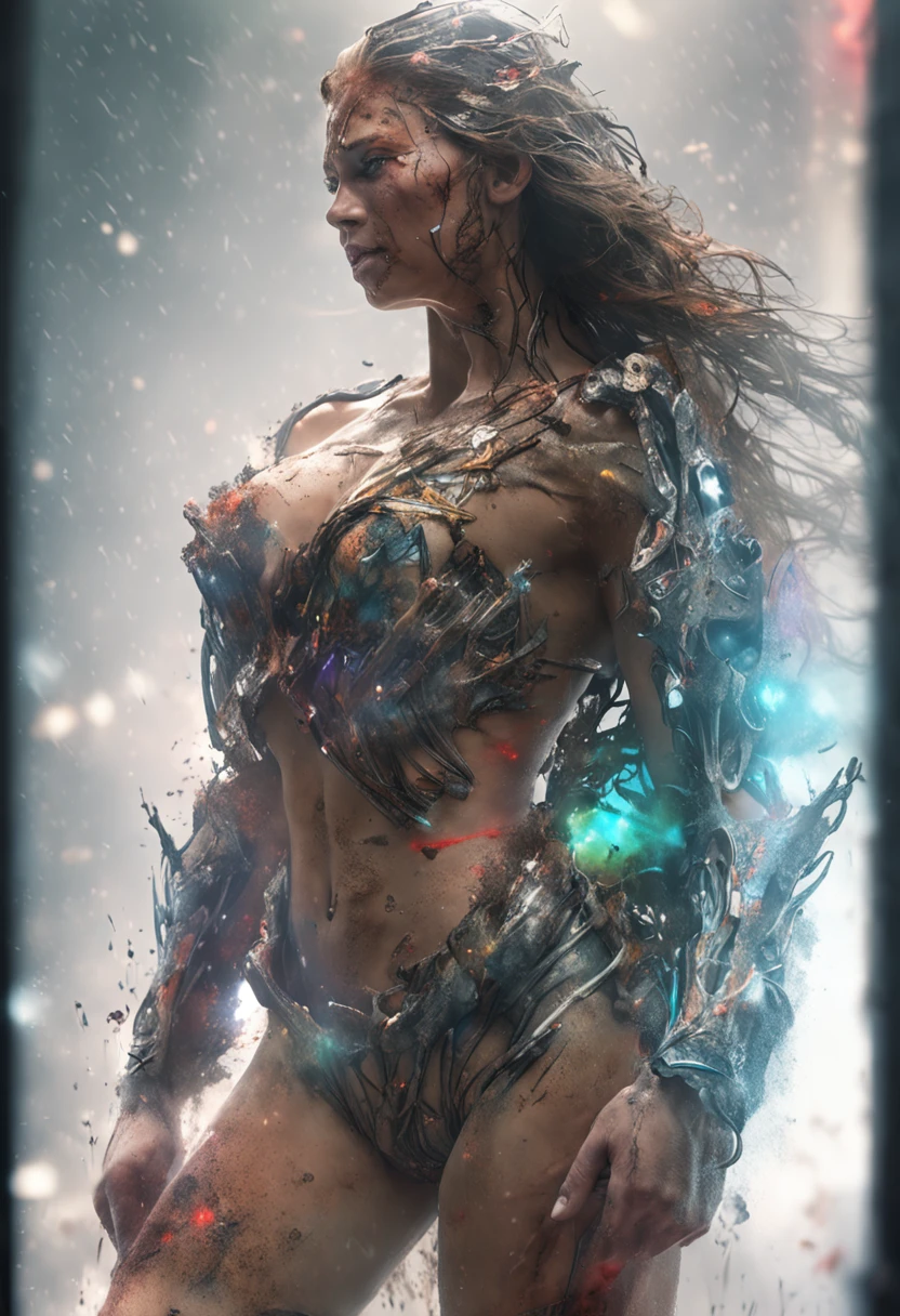 ((((Top Quality: 1.4))), ( Art by Carne Griffiths), (Unparalleled Masterpiece), (Ultra High Definition), (Ultra-Realistic 8k CG),  (half body shot from head to thigh),(Action Pose: 1.4), female warrior, stunningly bewitching, (muscular body:1.4),(magic mysterious background), glowing particles, ethereal fog, faint darkness), wind-effect, highly detailed Silver Breastplate, Shoulder Armor, 8 life size, thicc body, messy hair:1.2, heavy makeup, hyper realistic cover photo awesome full color, (hyper detail: 1.2), adds depth to images with backlight effect, perfect anatomy, Cinematic