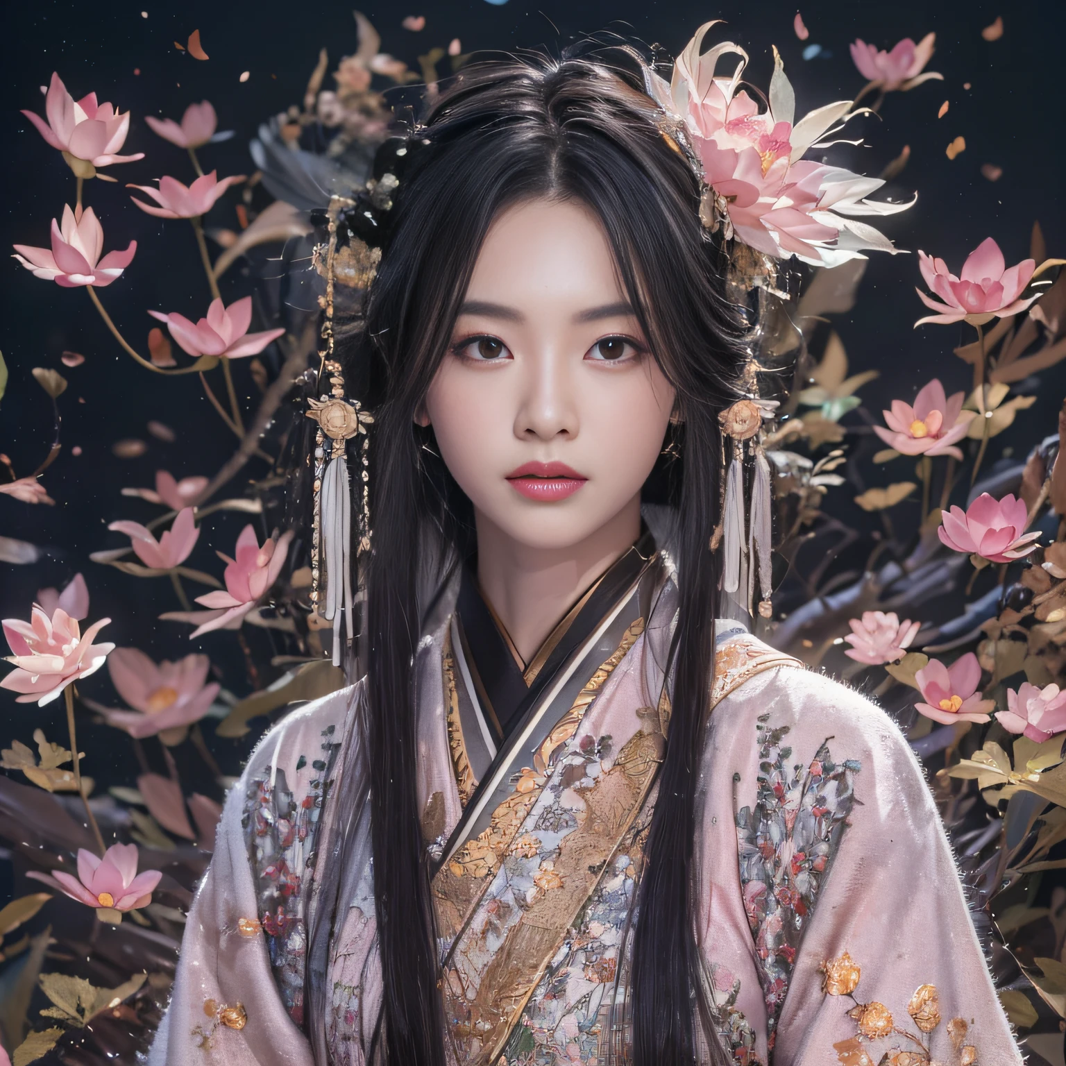 32K（tmasterpiece，k hd，hyper HD，32K）Long flowing black hair，ponds，zydink， a color，  Asian people （Silly girl）， （Silk scarf）， Combat posture， looking at the ground， long whitr hair， Floating hair， Carp pattern headdress， Chinese long-sleeved clothing， （abstract ink splash：1.2）， Pink petal background，Pink and white lotus flowers fly（realisticlying：1.4），Black color hair，Fallen leaves flutter，The background is pure， A high resolution， the detail， RAW photogr， Sharp Re， Nikon D850 Film Stock Photo by Jefferies Lee 4 Kodak Portra 400 Camera F1.6 shots, Rich colors, ultra-realistic vivid textures, Dramatic lighting, Unreal Engine Art Station Trend, cinestir 800，Long flowing black hair