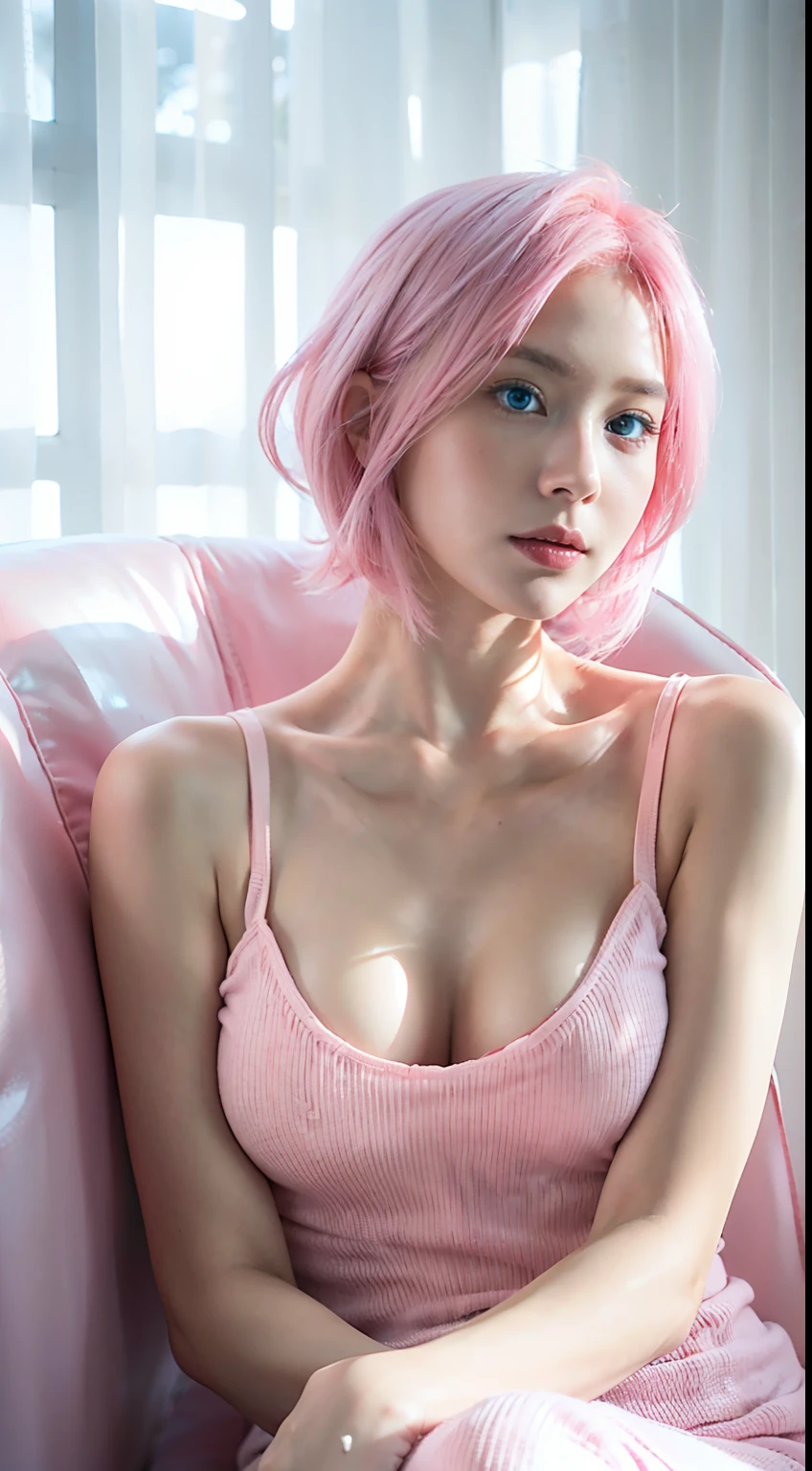 Pink haired alafed busty young woman sitting on sofa wearing pink tank top, cute girl with short pink hair, smooth pink skin, With pink hair, some pink, pink girl, soft portrait shot 8 k, Belle Delphine, Anna Nikonova aka Newmilky, Anime. Soft lighting, pink pastels, Pink short hair, pink wispy hair, short pink hair,Highly detailed blue eyes,extra detailed face,