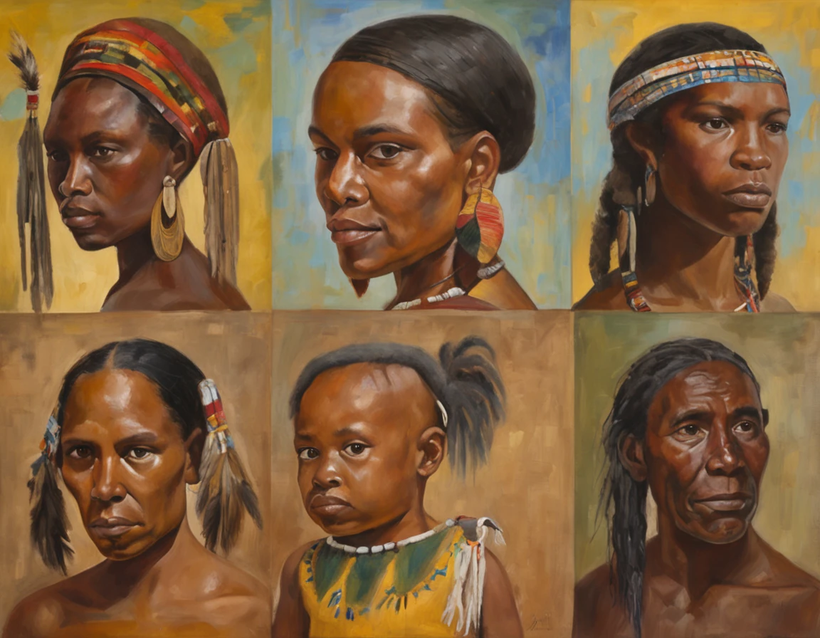 black ink art, shilouette, papuan faces, melanesian, tribes, face of hope, human displacement, man woman and children