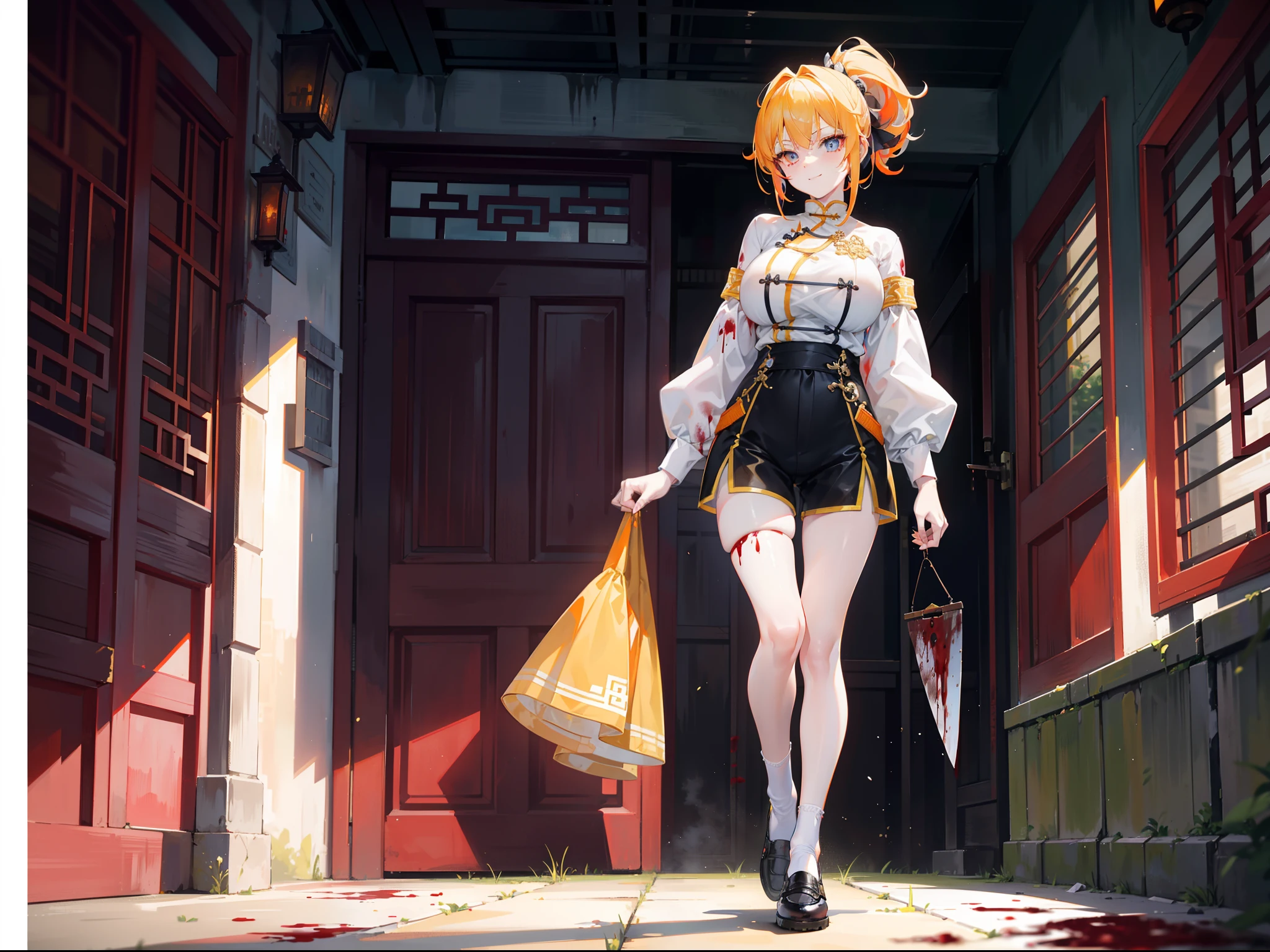 Beautiful girl with orange-yellow hair color,curlies,short detailed hair,High ponytail,Wearing an antique yellow and white long-sleeved training uniform,Hidden knives in clothes,open waist,Wear yellow-black shorts,long white socks,Black cloth shoes,assassins,Sunny smile,Tall and tall,Standing in an ancient Chinese courtyard full of corpses and blood,dark stormy clouds,China-style,huge tit,抖S,Full body photo,Extremely thin,extremely hyper,long white socks,assassins,The legs are very thin,Best quality at best,High- sharpness,tmasterpiece,Holding a blood-stained short knife,His body was covered in blood,Sick,Heterochromic pupils,morbid,Murderer,Extremely tall,Heterochromic pupils,being thin,Be covered in blood,Bodies are strewn across the field,blood vess,The demons,the night,dimly lit