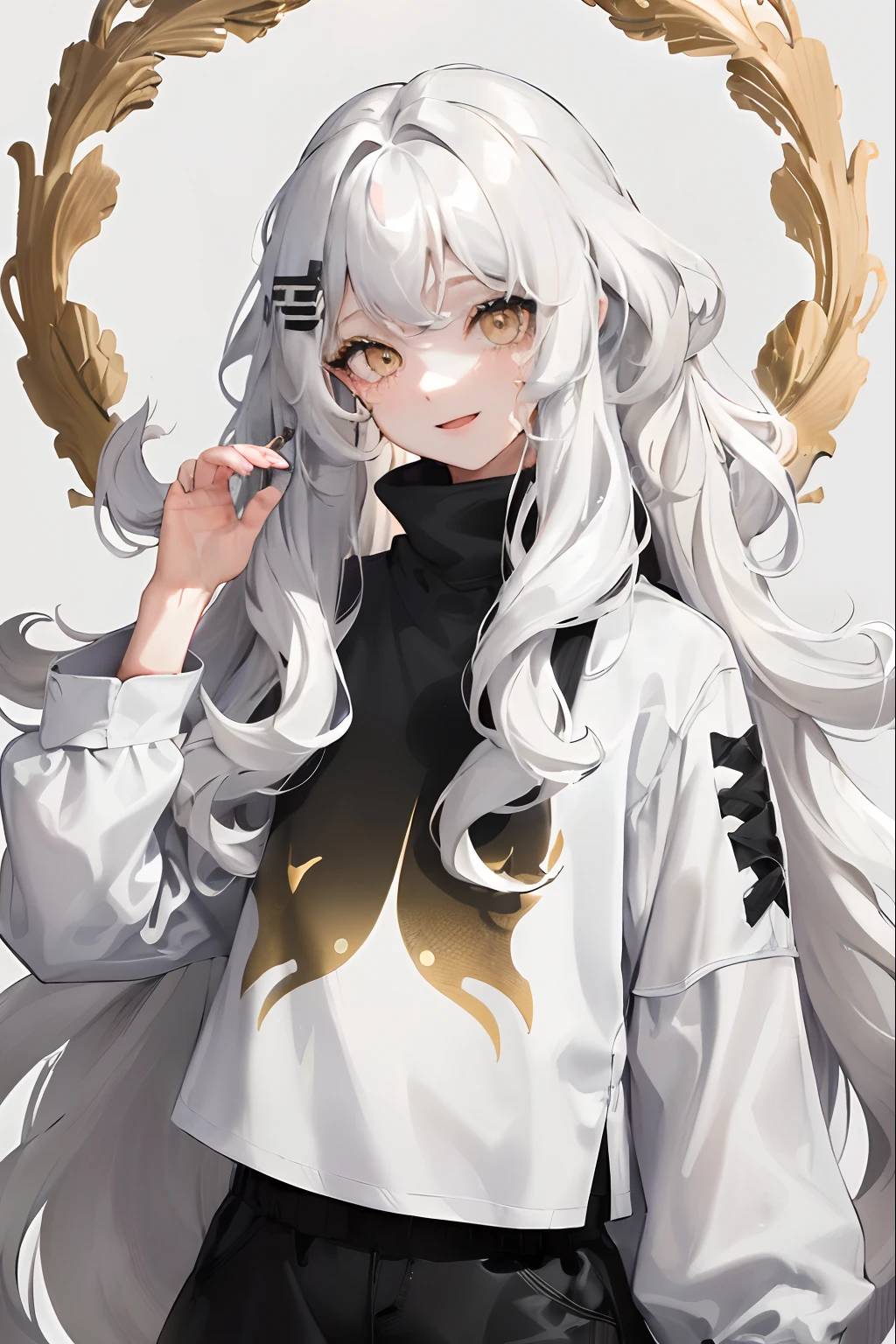 1woman, ((long wavy hair)), ((half of her hair is white and the other half of her hair is black split into two colors)), swept bangs, ((golden eyes)), smile, modern clothes