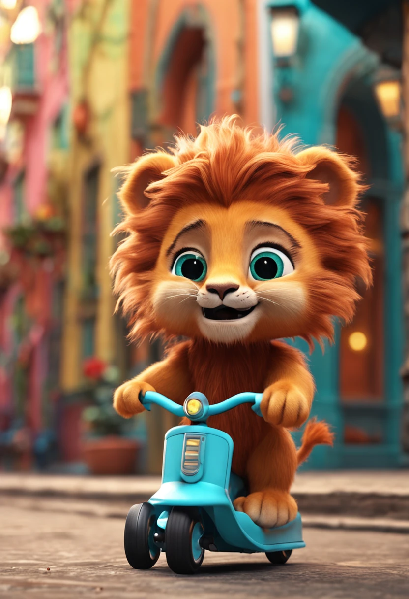 A little lion rides a scooter