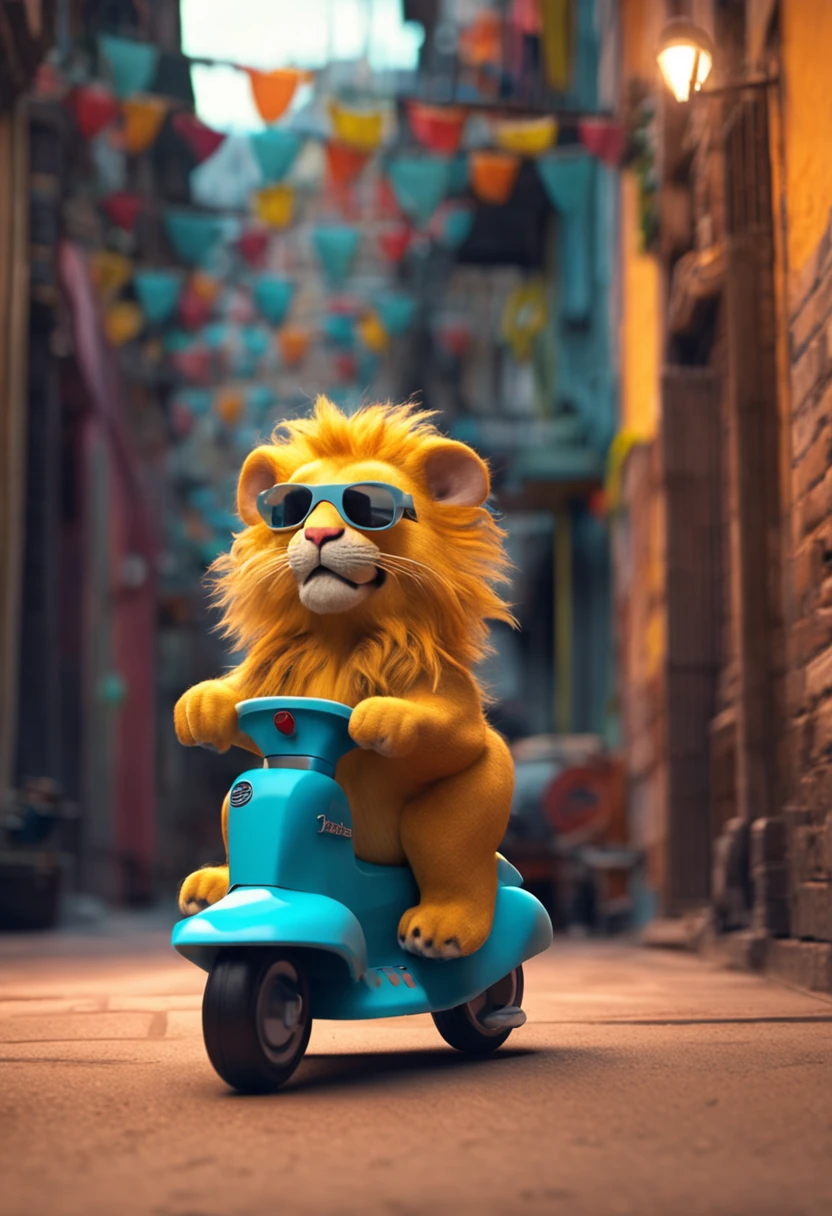 A little lion rides a scooter