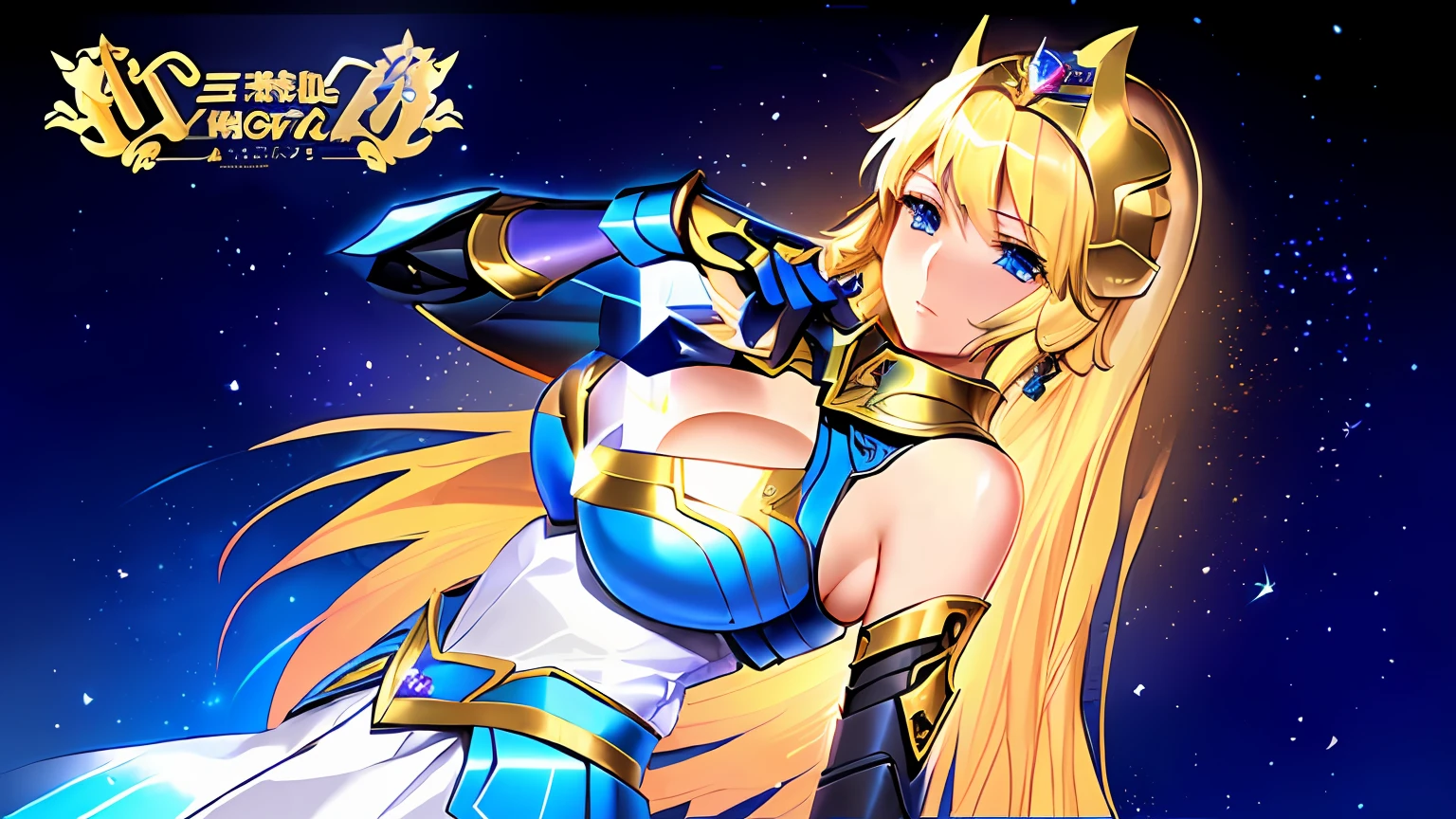 Anime woman with long blonde hair wearing armor and sword, knights of zodiac girl, portrait knights of zodiac girl, in opal armor, seductive princess knight, anime goddess, Princess Knight, oppai, huge tit, with large breasts, ((a beautiful fantasy empress)), Anime Manga Robot!! Anime Girl, Armor Dress Girl, a blonde emerald warrior, blonde - haired princess