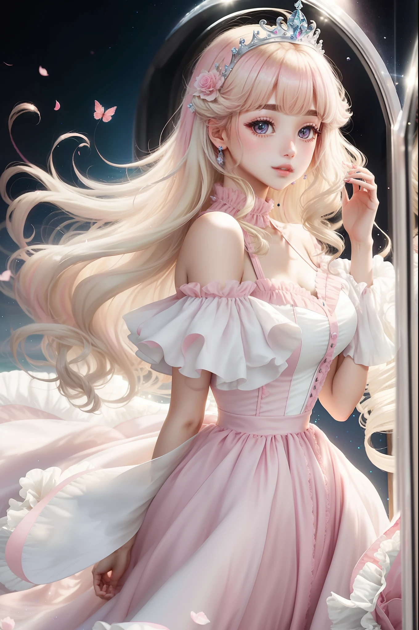 Princess A Princess Soft Best quality in good style(Highest Quality) , High quality(hiquality) Soft hair pink fluffy dress blonde corolla long The whole body is reflected A wonderful atmosphere with very delicate tones