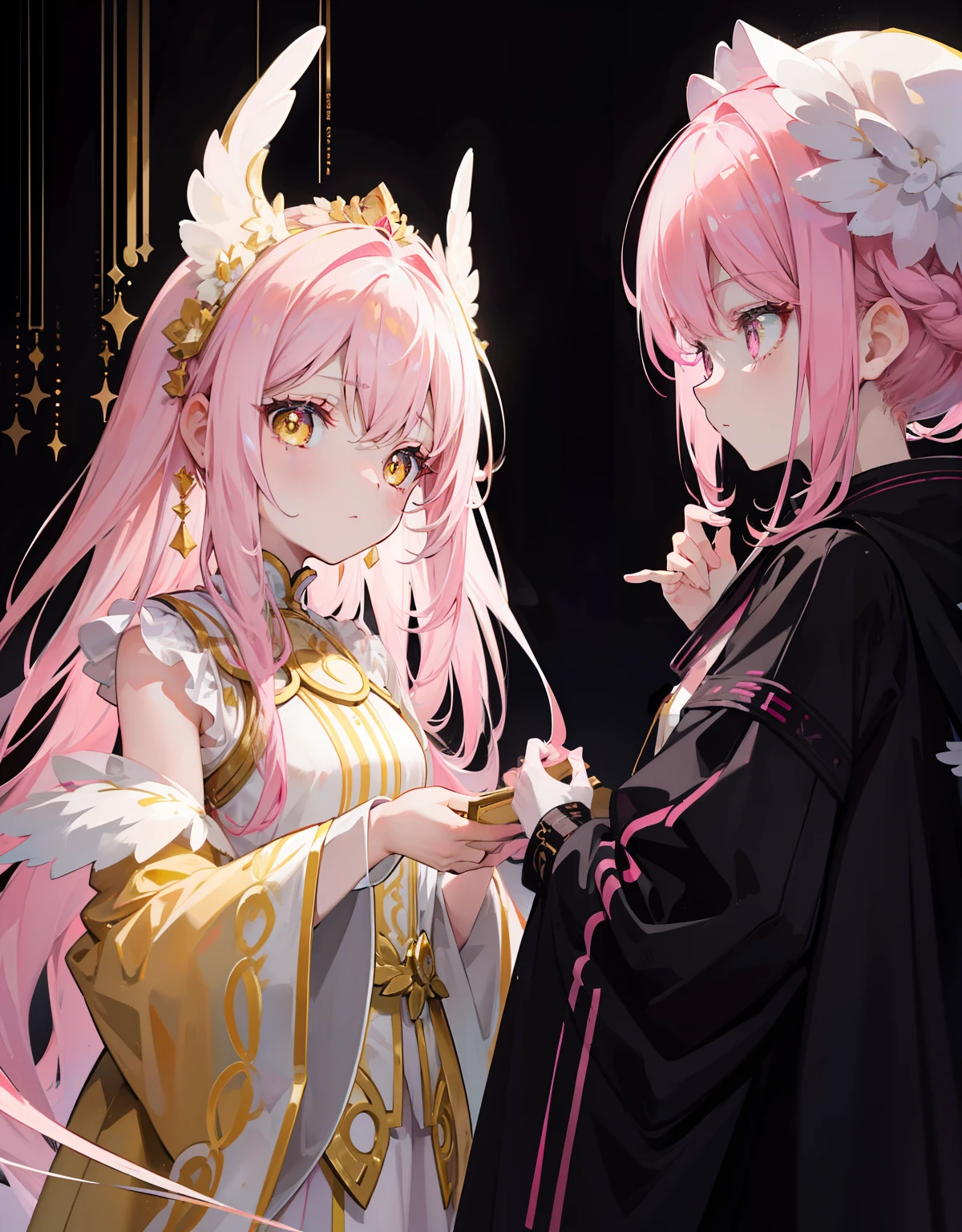 Long pink and white hair,Pink-white wings,Deep yellow pupils,Decorated in brilliant gold,Soft clothes with white and yellow,She is a cute and sweet beautiful girl