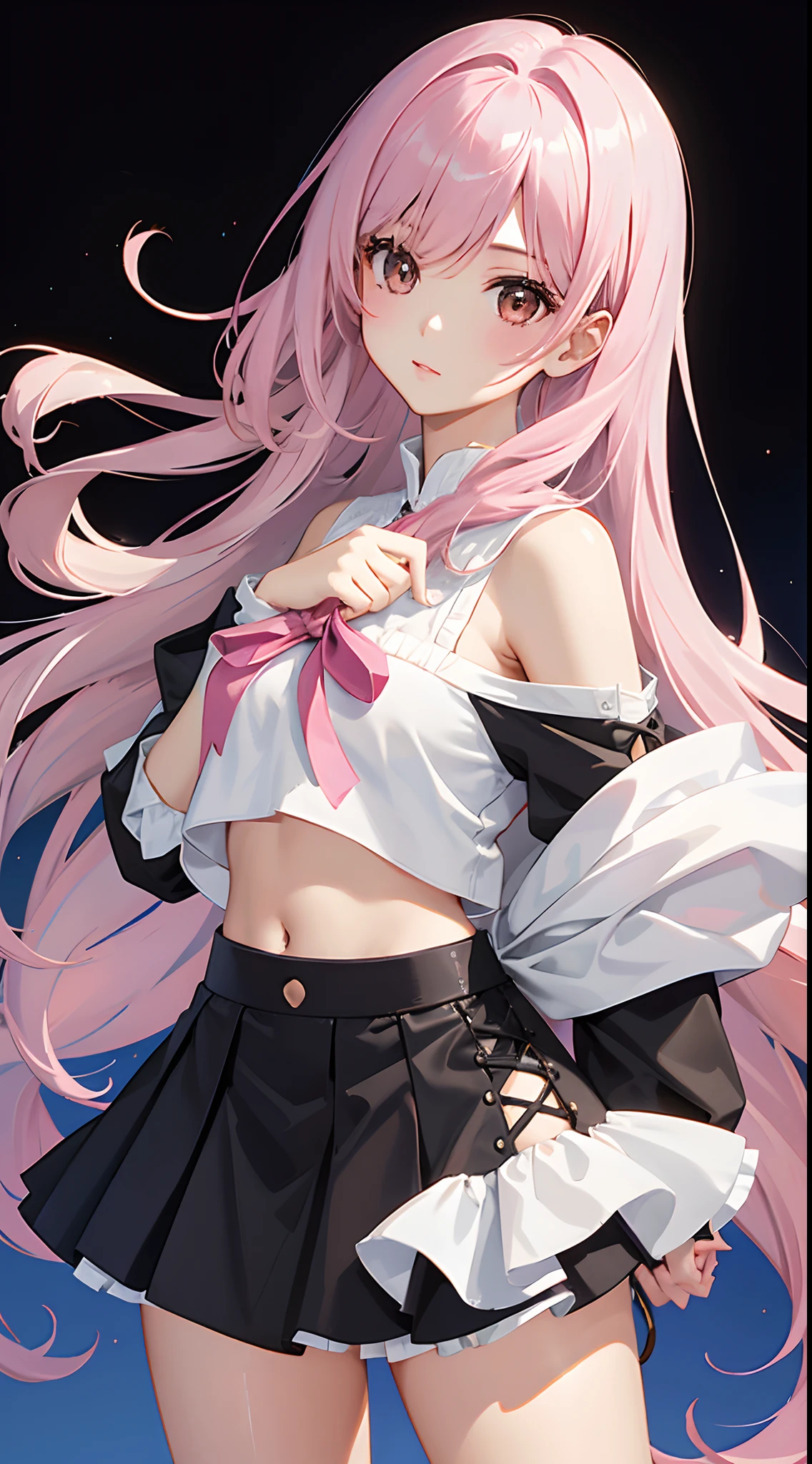 girl with、(Face Details:1.2)、​masterpiece、long pink hair mixed with silver hair、Brown eyes、super precision、top-quality、Top image quality、Ultra-precise depiction、8K picture quality、simple background、off shoulders、frilled blouse、shortpants、Navel out、Detailed hand、Detailed finger、
