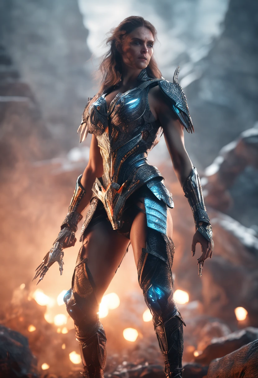 ((((of the highest quality: 1.4))),, (unparalleled masterpiece ever), (Ultra high definition), (Ultra-realistic 8K CG),  (Shoot half the body from head to thigh),(actionpose: 1.4), Female Warrior, Surprisingly bewitching, (muscular body:1.4),(Magical mystical background), glowing particles, Ethereal fog, Faint darkness), Wind-effect, Highly detailed silver-breasted plate, Shoulder Armor, 8 life-size, thicc body, hair messy:1.2, Heavy makeup, Ultra realistic cover photo awesome full color, (Hyper Detail: 1.2), Add depth to images with backlight effects, Perfect Anatomy, Cinematic