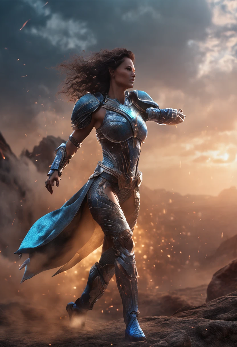 ((((of the highest quality: 1.4))),, (unparalleled masterpiece ever), (Ultra high definition), (Ultra-realistic 8K CG), (Shoot half the body from head to thigh),(actionpose: 1.4), Female Warrior, Surprisingly bewitching, (muscular body:1.4),(Magical mystical background), glowing particles, Ethereal fog, Faint darkness), Wind-effect, Highly detailed silver-breasted plate, Shoulder Armor, 8 life-size, thicc body, hair messy:1.2, Heavy makeup, Ultra realistic cover photo awesome full color, (Hyper Detail: 1.2), Add depth to images with backlight effects, Perfect Anatomy, Cinematic
