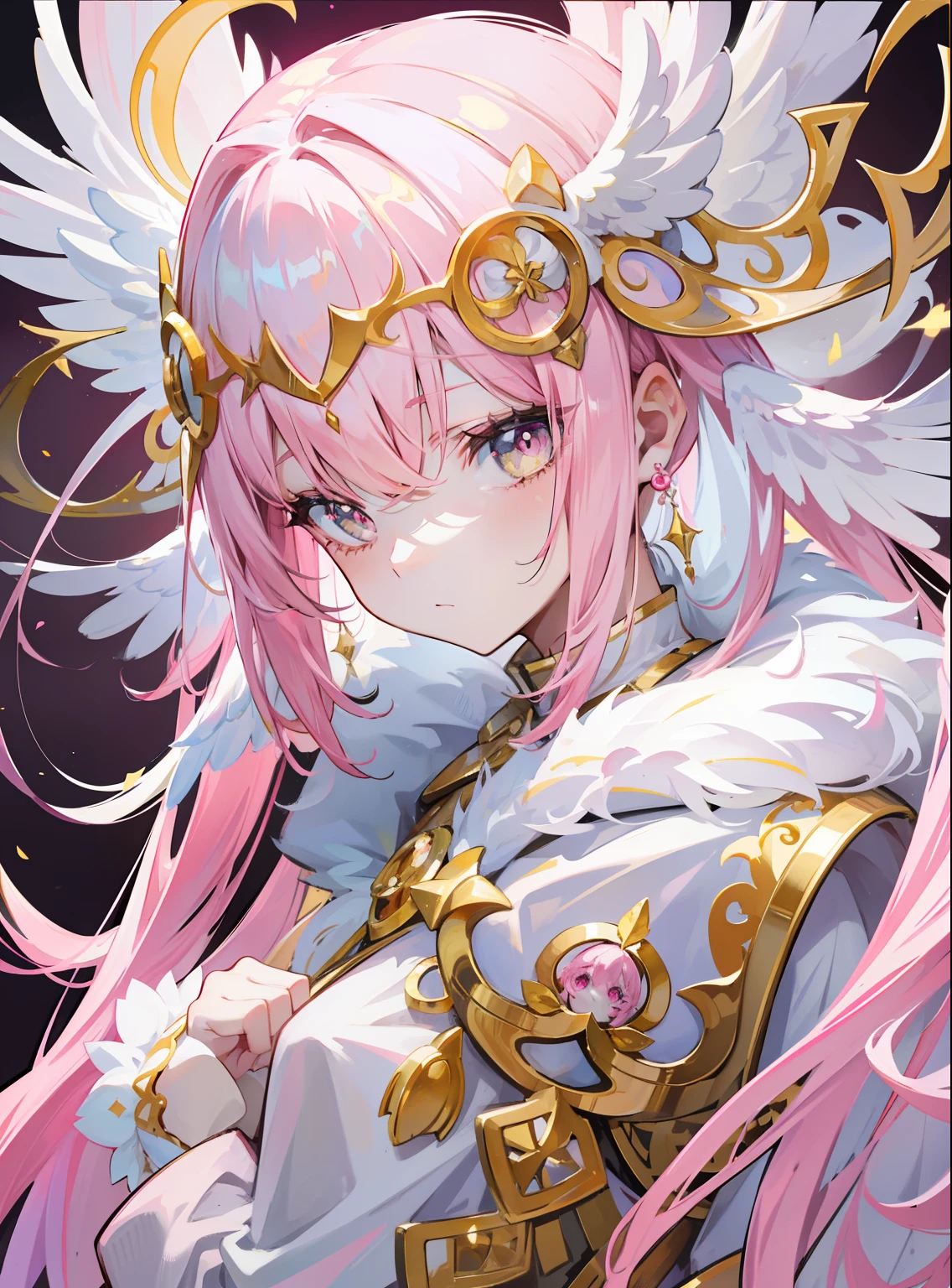 Long pink and white hair,Pink-white wings,Deep yellow pupils,Decorated in brilliant gold,Soft clothes with white and yellow,She is a cute and sweet beautiful girl