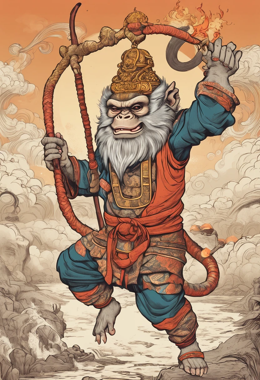 Anthropomorphic male monkey man with golden hoop rod in his hand,son goku、Wukong,Fight over Buddha,Normal hands,Flame clouds under your feet,The fire eye is bright and brave,Very beautiful anthropomorphic monkey,Guan yu,Inspired by Huang Shen,Inspired by Hu Zaobin,inspired by Yang Jin,legendary god holding spear,by Yang J,Flat lotus,son goku