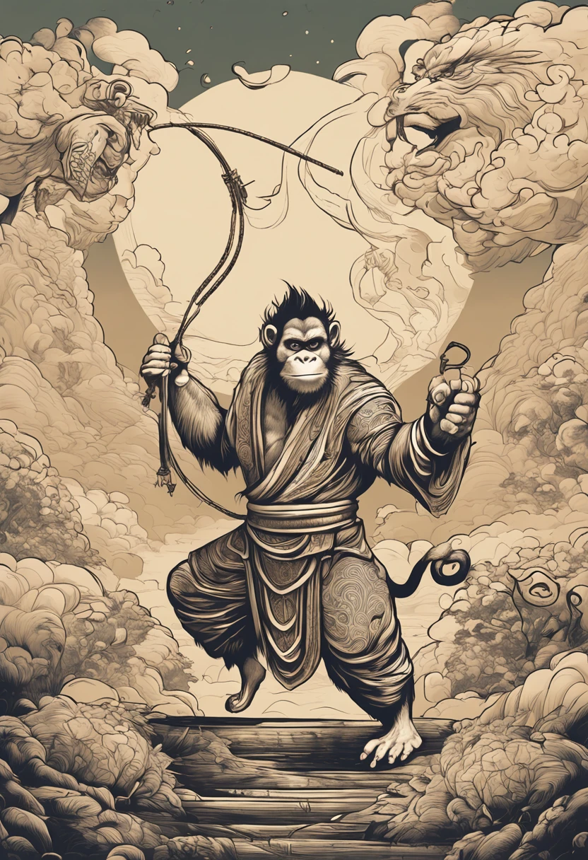 Anthropomorphic male monkey man with golden hoop rod in his hand,son goku、Wukong,Fight over Buddha,Normal hands,Flame clouds under your feet,The fire eye is bright and brave,Very beautiful anthropomorphic monkey,Guan yu,Inspired by Huang Shen,Inspired by Hu Zaobin,inspired by Yang Jin,legendary god holding spear,by Yang J,Flat lotus,son goku