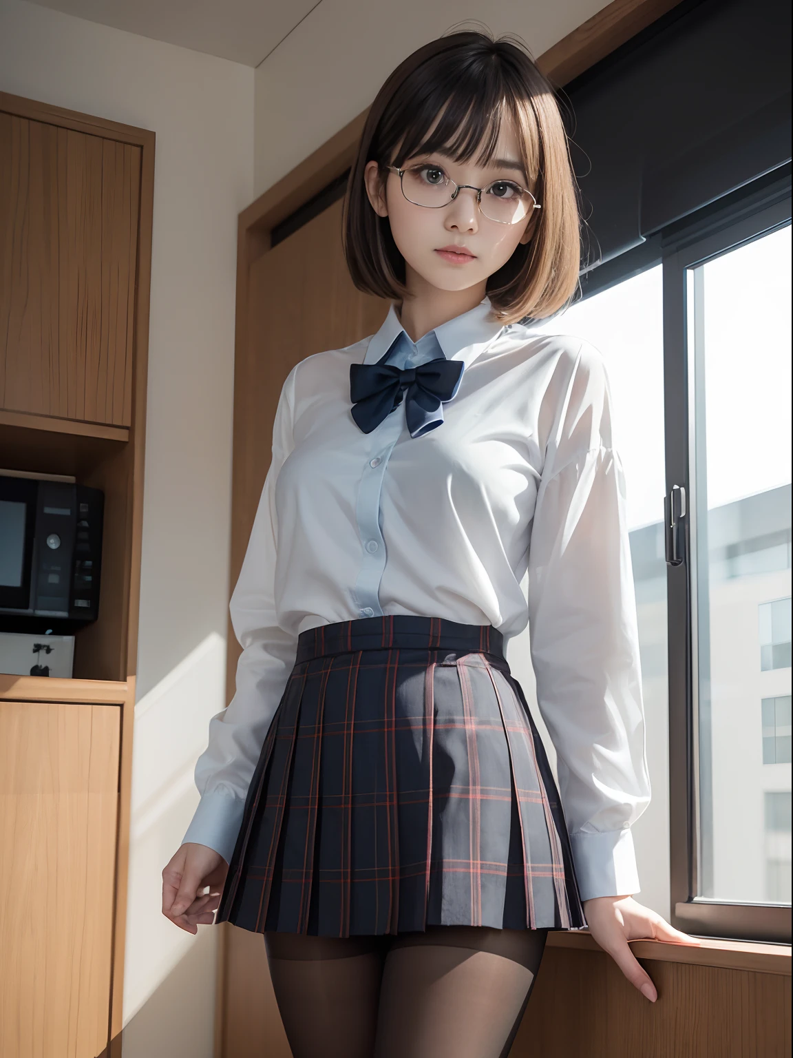 (Long bob cut),(Underwear is visible),（8K、Raw photography、top-quality、​masterpiece：1.2),pigeon chest,glamor,Chromo-white skin,cocky,School,watching at viewers,Looking at the front,Muchimuchi,High-pitched clothing,Erotic,Pupils,de pele branca,kne,((Black pantyhose)),absurderes,a small face,,Forehead visible,Bangs hanging from the left and right sides of the forehead,(a cold expression,Tight eyes,glares,Bullish,irate)、​masterpiece,top-quality、超A high resolution,Raw photo,ren,Beautiful fece,One Person, 独奏,eye glass,,Dark look,Small breasts,fullllbody,Round glasses,JK school uniform,hi-school girl,A Japanese Lady,is standing,（Photorealsitic：1.37）、Photon mapping,Realistic、Beautie,Cute little face,Brown-eyed、Black socks、(Red bow tie)、Radio City、Physically Based Rendering、depth of fields、Blurry background、a picture,Body,beauty legs, Long legs, Thin leg,(Bangs are visible), hair, s lips, Blue_The eye, nosesoft,(Light blue shirt), (Navy and blue and white plaid pleated skirt), Knees are visible,Sheer clothing,, Thigh, Black cotton socks,Nogizaka Idol, 女優, Japanese ido