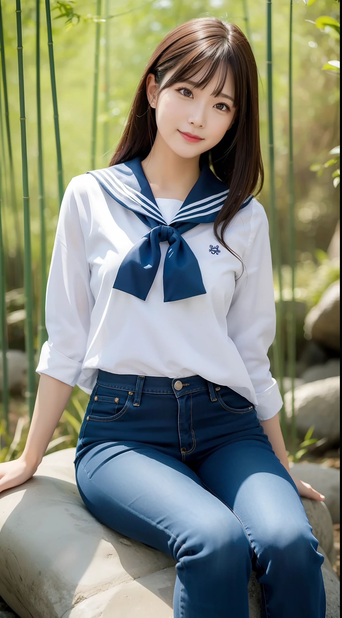 a pregirl，Thirty year old, ssmile, （frontage）looking at viewert, sailor uniformm,skintight jeans, photore, realisticlying, Best quality at best, employee, 详细的脸, Sitting on a large rock in the middle of a bamboo forest, detailed back ground, diffuselighting, depth of fields, Background bokeh