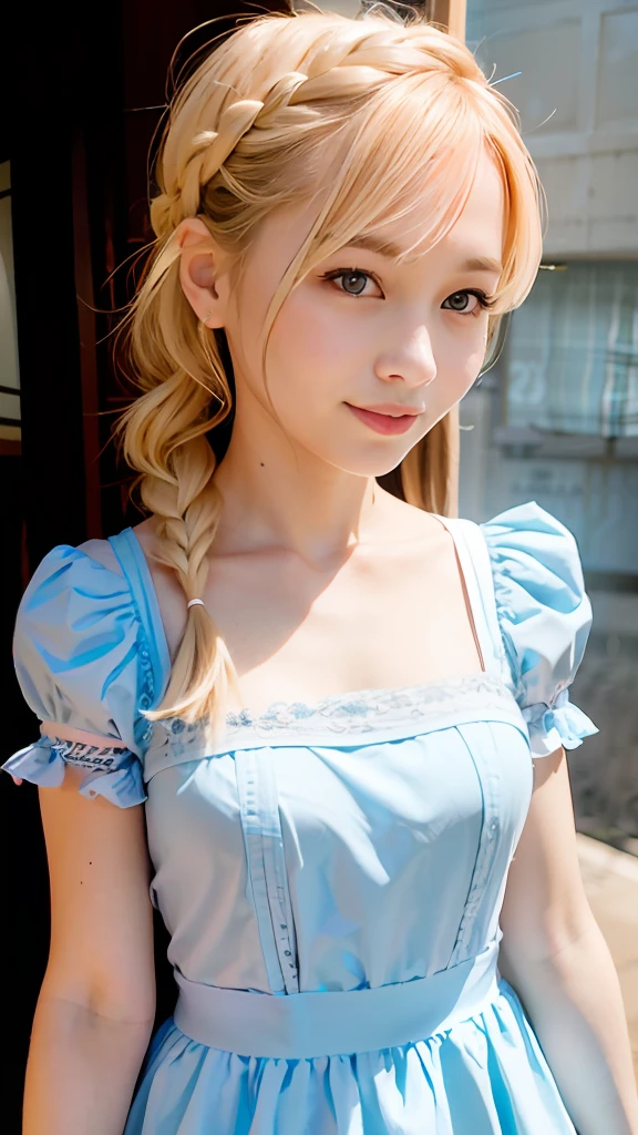 she is cosplaying as a princess、blonde short、smile、blue eyes、Colorful and fancy dresses、ponytail