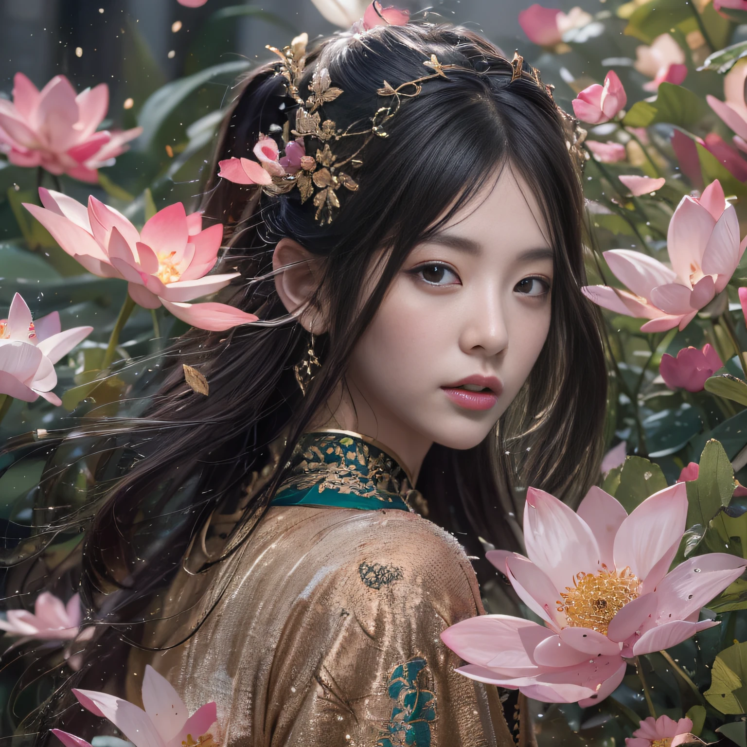 32K(tmasterpiece,k hd,hyper HD,32K)Long flowing black hair,ponds,zydink, a color, Asian people (Silly girl), (Silk scarf), Combat posture, looking at the ground, long whitr hair, Floating hair, Carp pattern headdress, Chinese long-sleeved clothing, (abstract ink splash:1.2), Pink petal background,Pink and white lotus flowers fly(realisticlying:1.4),Black color hair,Fallen leaves flutter,The background is pure, A high resolution, the detail, RAW photogr, Sharp Re, Nikon D850 Film Stock Photo by Jefferies Lee 4 Kodak Portra 400 Camera F1.6 shots, Rich colors, ultra-realistic vivid textures, Dramatic lighting, Unreal Engine Art Station Trend, cinestir 800,Long flowing black hair