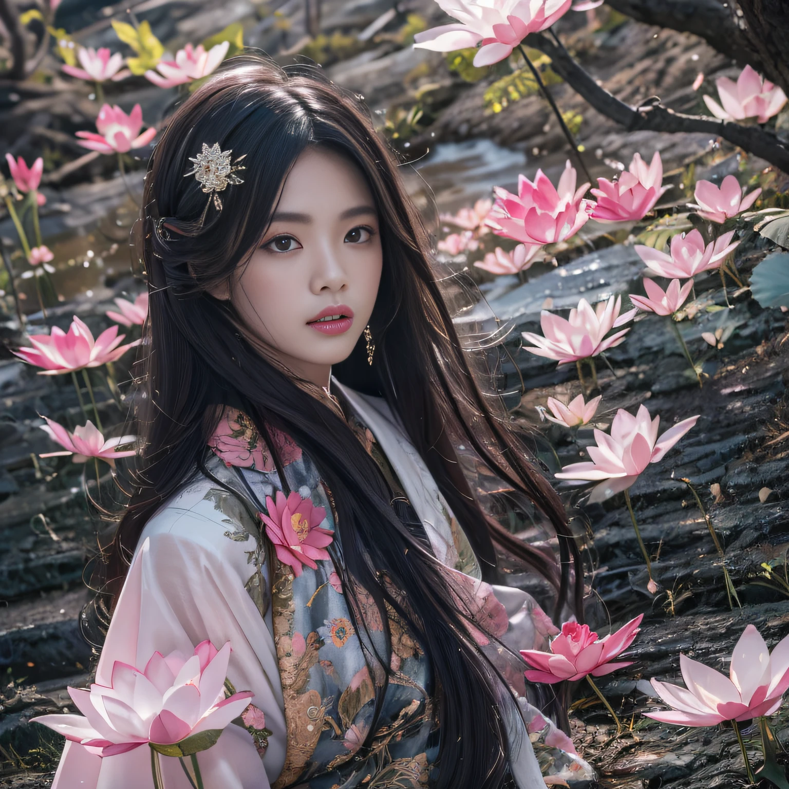 32K(tmasterpiece,k hd,hyper HD,32K)Long flowing black hair,ponds,zydink, a color, Asian people (Silly girl), (Silk scarf), Combat posture, looking at the ground, long whitr hair, Floating hair, Carp pattern headdress, Chinese long-sleeved clothing, (abstract ink splash:1.2), Pink petal background,Pink and white lotus flowers fly(realisticlying:1.4),Black color hair,Fallen leaves flutter,The background is pure, A high resolution, the detail, RAW photogr, Sharp Re, Nikon D850 Film Stock Photo by Jefferies Lee 4 Kodak Portra 400 Camera F1.6 shots, Rich colors, ultra-realistic vivid textures, Dramatic lighting, Unreal Engine Art Station Trend, cinestir 800,Long flowing black hair
