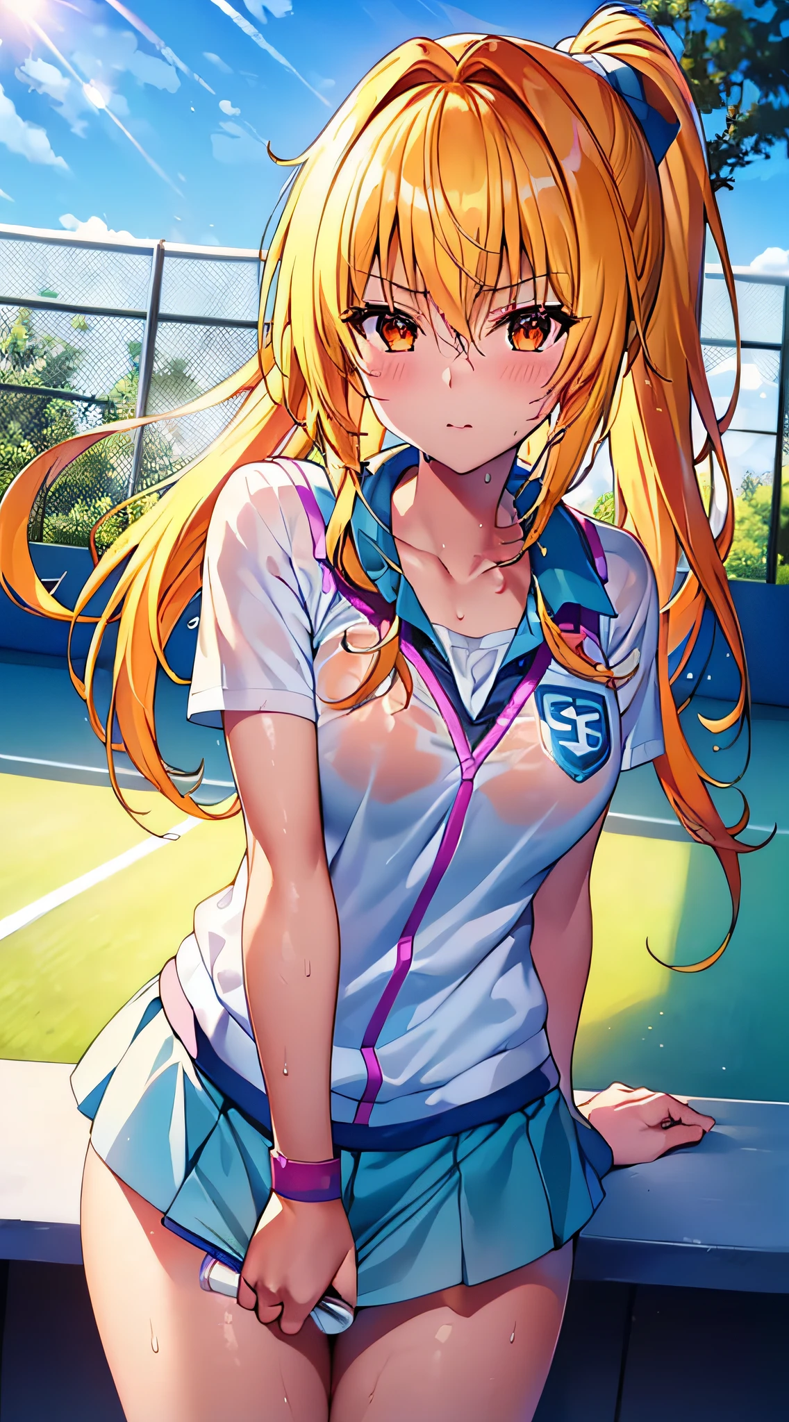 Masterpiece++, Best quality++, Ultra-definition++, Ultra-definition++, 4k++, 8k++, (background focus)++, very detailed, ((tennis court))++, (((Tolove Ru Yami)) )+++, ((tennis player)), (((tennis uniform)))+++, ((mature woman playing tennis ball))++, (tennis racket), blush, (list on wrist band), (blond hair), (super shiny hair and skin), (sunlight), ((beautiful)), sweaty body, cleavage, lively, sweating, serious expression, perfect eyes , perfect hands, perfect nose, ToLOVE Ru Yami, bright atmosphere, (wet effect)+, (light effect), (cinematic light)+, (light cinematic)+