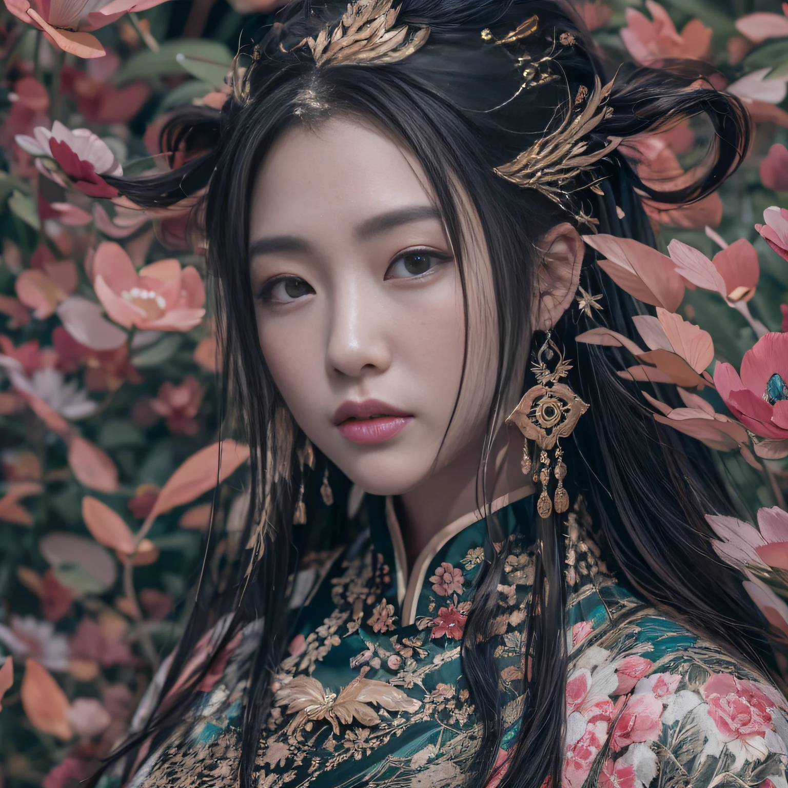 32K(tmasterpiece,k hd,hyper HD,32K)Long flowing black hair,ponds,zydink, a color, Asian people (Silly girl), (Silk scarf), Combat posture, looking at the ground, long whitr hair, Floating hair, Carp pattern headdress, Chinese long-sleeved clothing, (abstract ink splash:1.2), Pink petal background,Pink and white lotus flowers fly(realisticlying:1.4),Black color hair,Fallen leaves flutter,The background is pure, A high resolution, the detail, RAW photogr, Sharp Re, Nikon D850 Film Stock Photo by Jefferies Lee 4 Kodak Portra 400 Camera F1.6 shots, Rich colors, ultra-realistic vivid textures, Dramatic lighting, Unreal Engine Art Station Trend, cinestir 800,Long flowing black hair