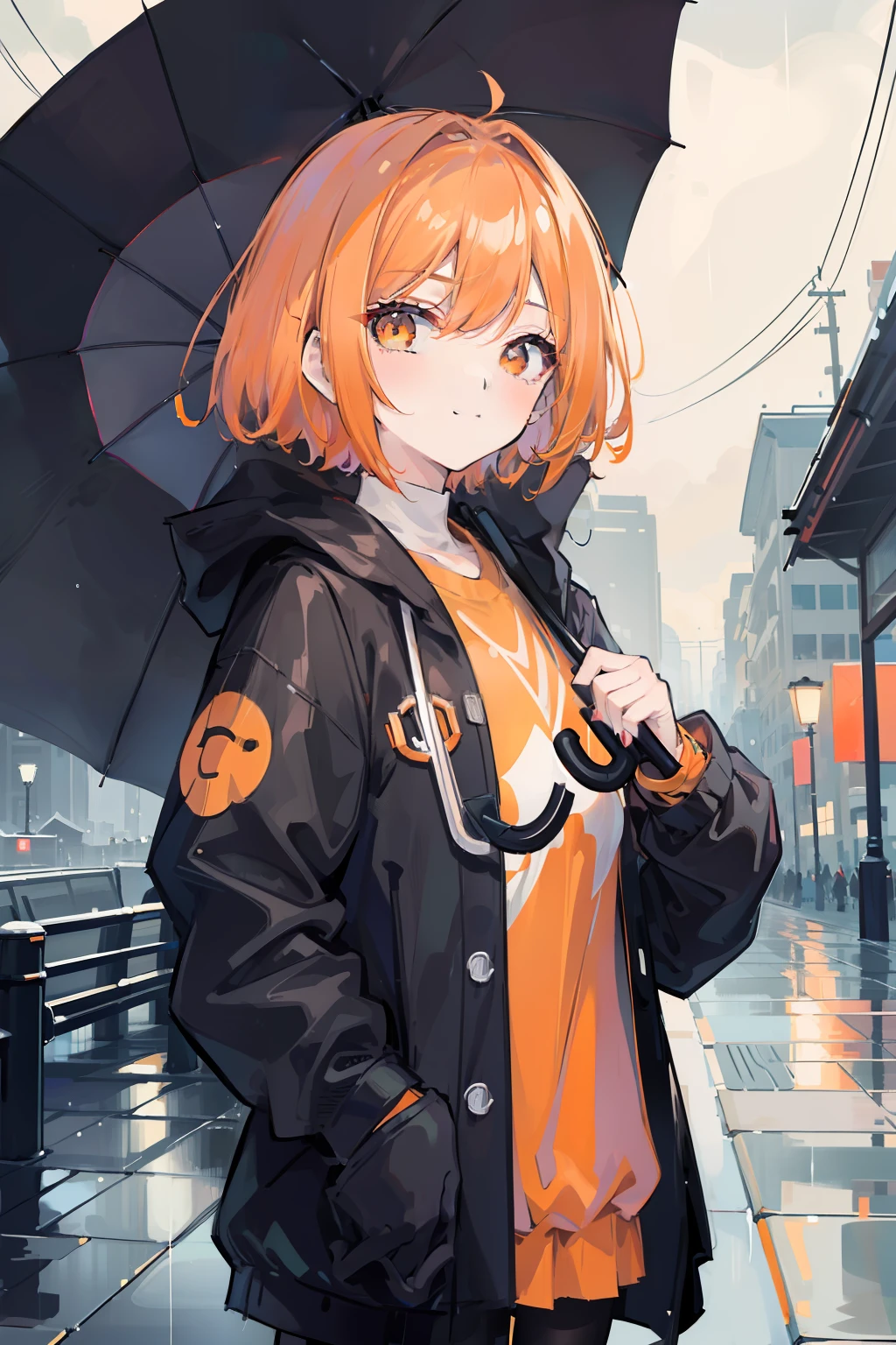 masterpiece, best quality, 1girl, solo, orange hair, short hair, shoulder-length hair, straight hair, orange eyes, round eyes, street fashion, ((raining)), in the night, ((cloudy)), dark, seeing a viewer, holding an umbrella, ((((handing over an umbrella)))), ((((put one's hand forward)))), in the staris, in the rain, ((dark clouds)), ((detail face)), ((a cold smile)), (((looking straight ahead)))