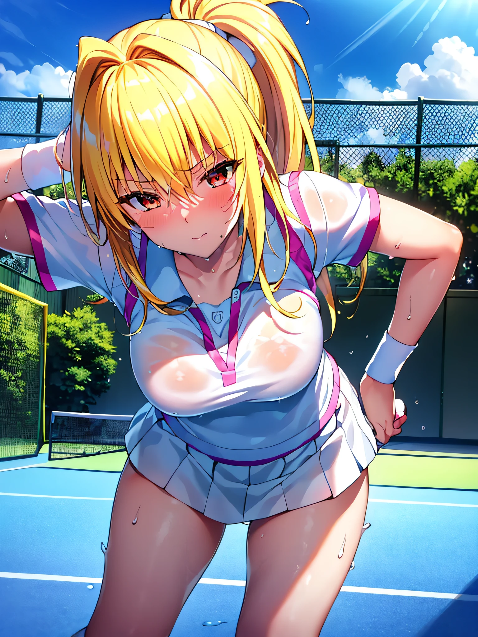 Masterpiece++, Best quality++, Ultra-definition++, Ultra-definition++, 4k++, 8k++, (background focus)++, very detailed, ((tennis court))++, (((Tolove Ru Yami)) )+++, ((tennis player)), (((tennis uniform)))+++, ((mature woman playing tennis ball))++, (tennis racket), blush, (list on wrist band), (blond hair), (super shiny hair and skin), (sunlight), ((beautiful)), sweaty body, cleavage, lively, sweating, serious expression, perfect eyes , perfect hands, perfect nose, ToLOVE Ru Yami, bright atmosphere, (wet effect)+, (light effect), (cinematic light)+, (light cinematic)+