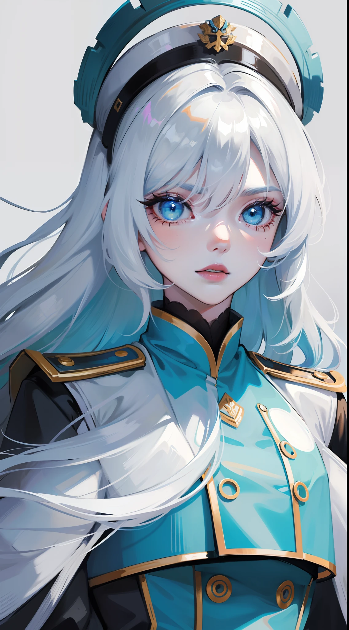 Adult woman, Long white hair, Cyan eyes, White general's uniform, копьë, blue lipstick, anger, Masterpiece, hiquality