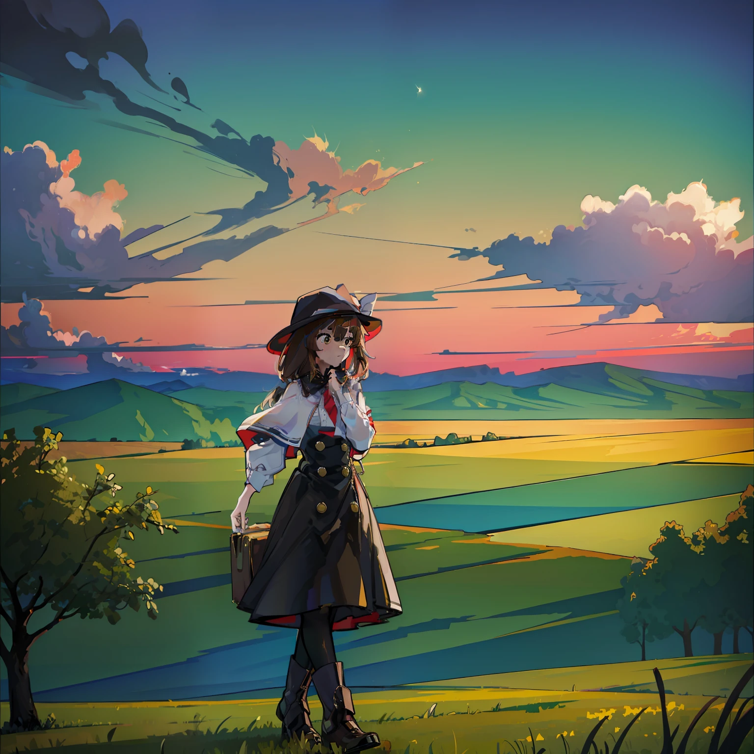 masterpiece, fine detail, 4k, 8k, 12k, solo, 1 person, beautiful girl, caucasian female, full body, brown hair, straight hair, hat, countryside, rural scene, thundercloud