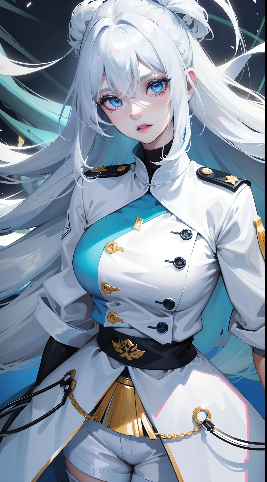 Adult woman, Long white hair, Cyan eyes, White general's uniform, копьë, blue lipstick, anger, Masterpiece, hiquality