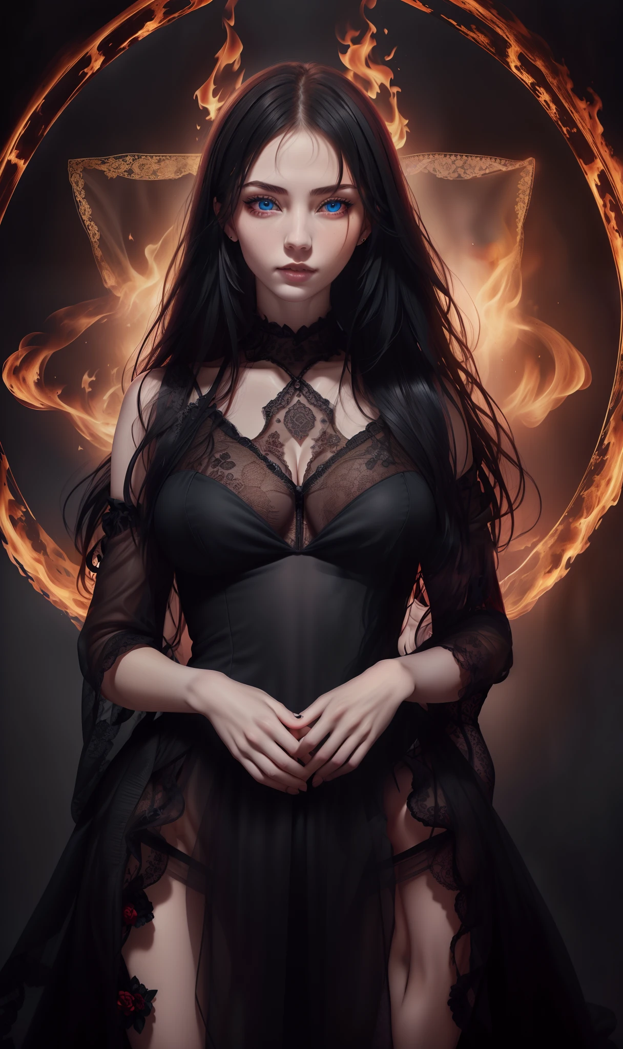 Gothic, Portrait, (((photorealistic portrait))), (((hyperrealistic portrait))). Beautiful (sexy young woman), long bright red hair, (beautiful face), (blue eyes), (((correct anatomy, correct body proportions))), correct hands, correct hands, correct hands, ((beautiful hands)), ((smooth fingers)) holds (skull vessel)), (dressed) in black (((erotic lace dress))), against the background of an old abandoned castle, (fire, smoke), late evening, dark, dramatic sky, light from fire., 8k uhd, dslr, soft light, quality, film grain, Fujifilm XT3