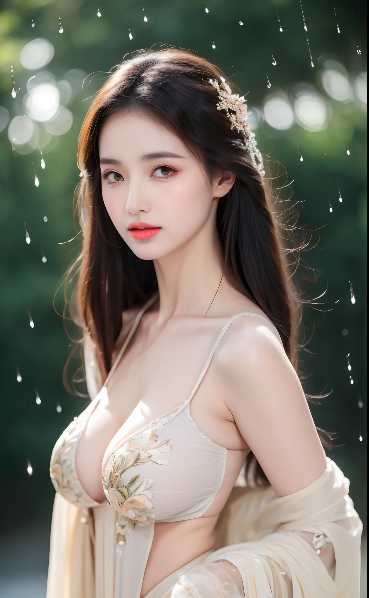 ((Best Quality, 8k, Masterpiece: 1.3)), Focus: 1.2, Perfect Body Beauty: 1.4, Buttocks: 1.2, ((Layered Haircut)), (Wet Clothes: 1.1), (Rain, Street:1.3), (Breasts: 1.2), (Hanfu: 1.2), Bare Shoulders, Bare Legs, Highly Detailed Face and Skin Texture, Fine Eyes, Double Eyelids, Whitened Skin, Long Hair, (Shut Up: 1.5), (Bokeh Background: 1.5), Big Breasts