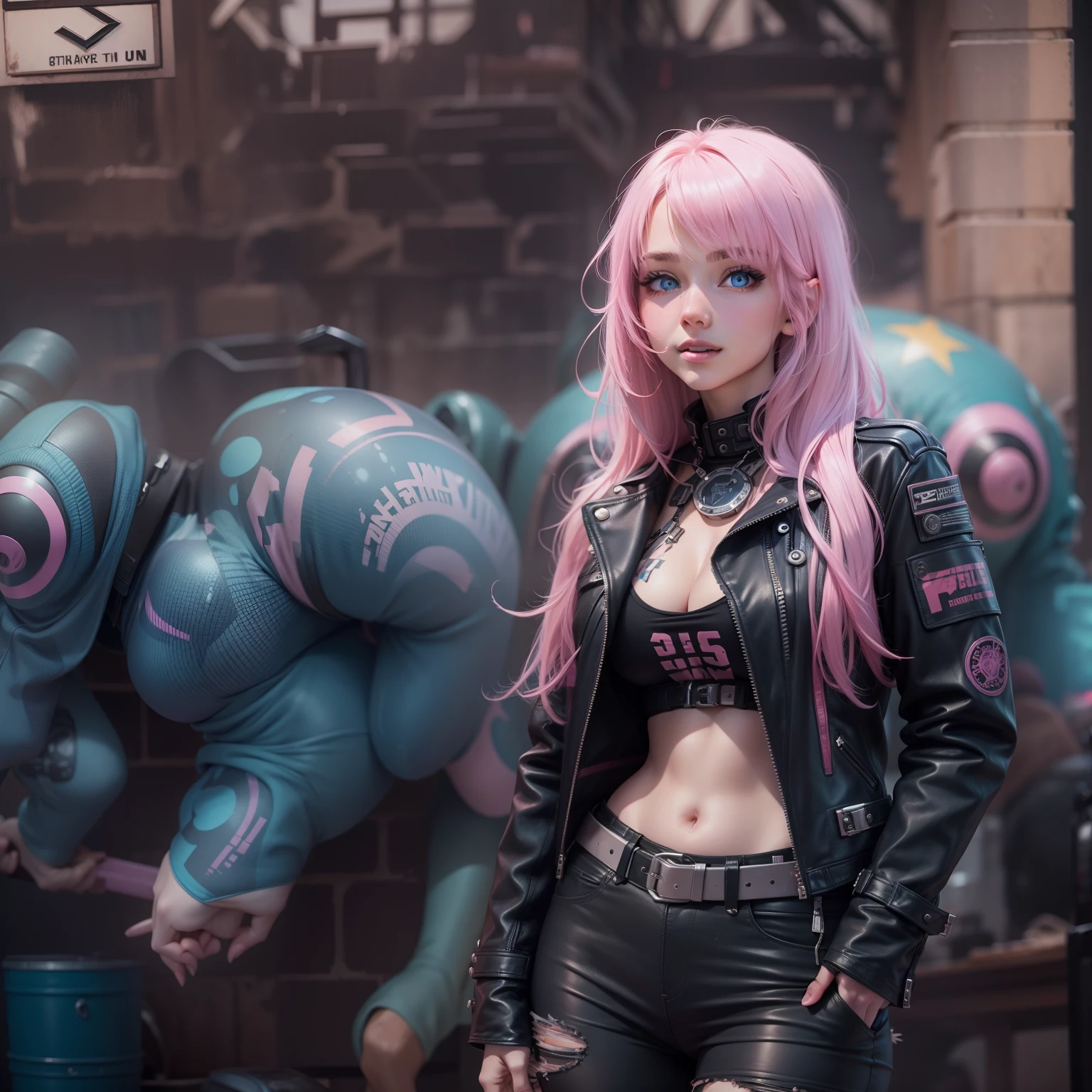 leather jackets Colossal tits 16Year old girl smil beautiful a girl top-quality masterpiece 超A high resolution leather pant blue eyess cyberpunked Pink hair