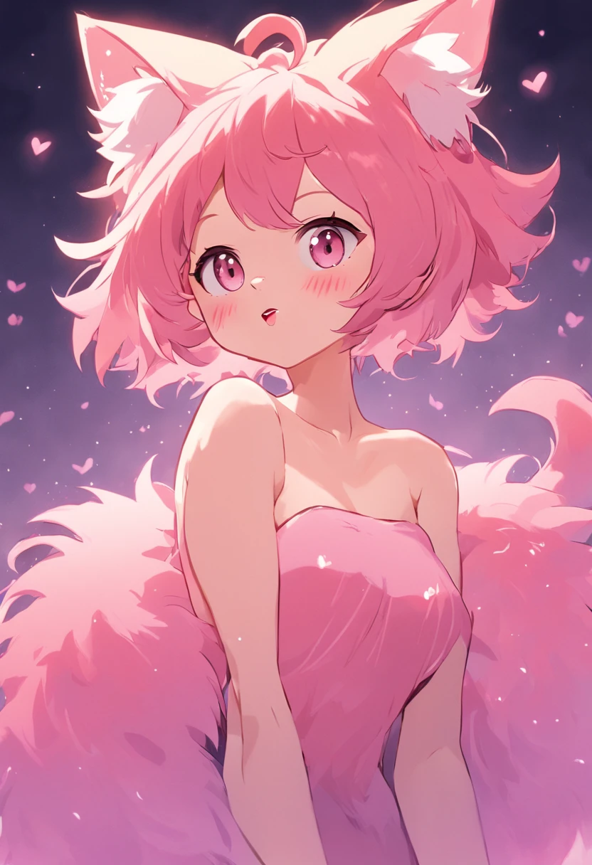 1girl, siamese cat fur, furry, medium breasts, front facing, cream tanuki ears, tube top, portrait, simple background, short hair, fluffy big hair, hotpink hair, curly hair, (((hair over eyes))), highest quality, adult, masterpiece, absurdres, (furry:1.5), curvy, cutesy, face-shot, (kemono:1.4)