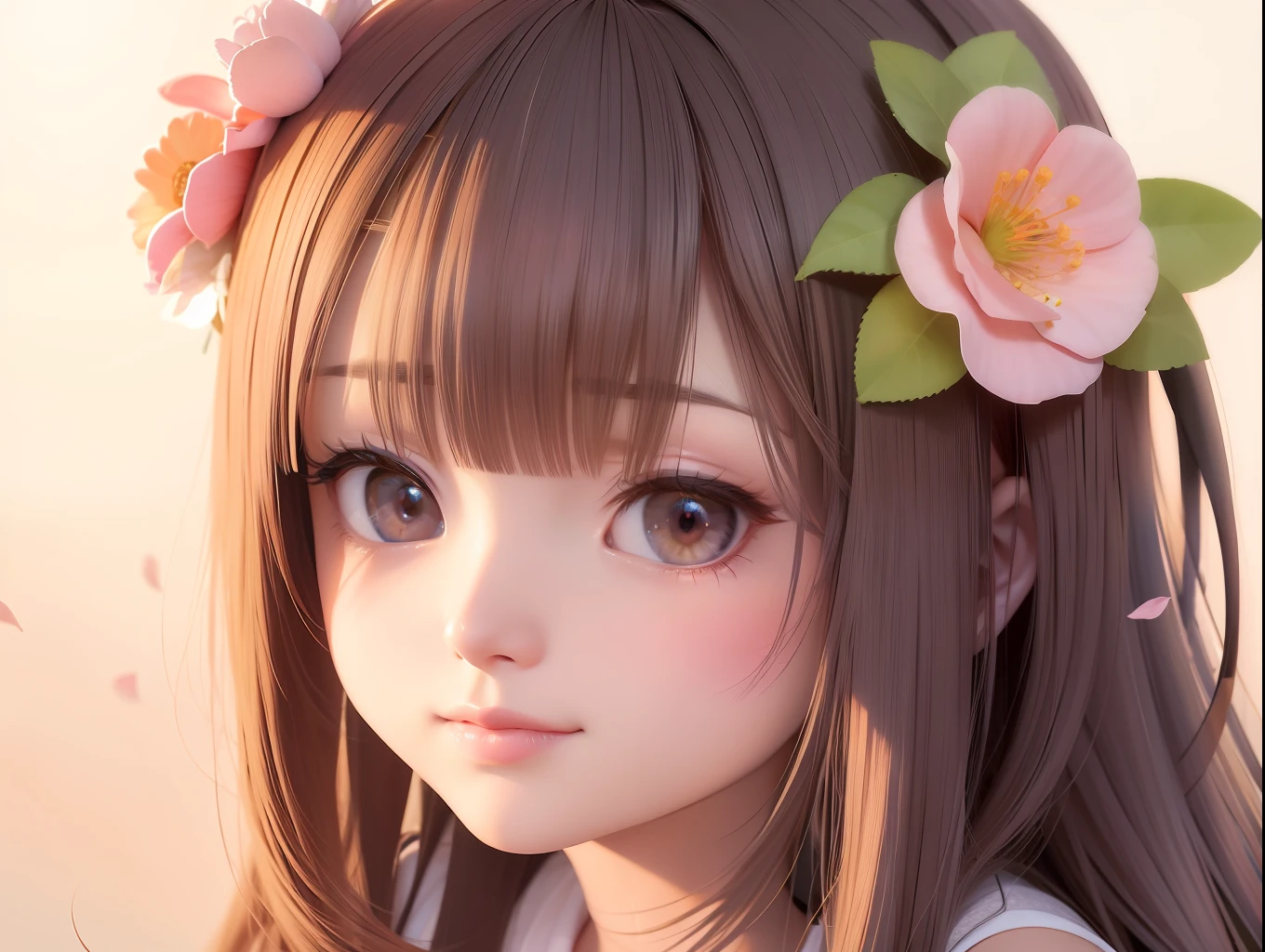 there is a woman with a flower in her hair posing for a picture, Kawaii realistic portrait, Anime style. 8K, photorealistic anime girl rendering, 3 d anime realistic, Soft portrait shot 8 K, anime styled 3d, sakura petals around her, sakura season dynamic lighting, 3d anime girl, style of anime4 K, 🌺 CGSesociety，ssmile，komono