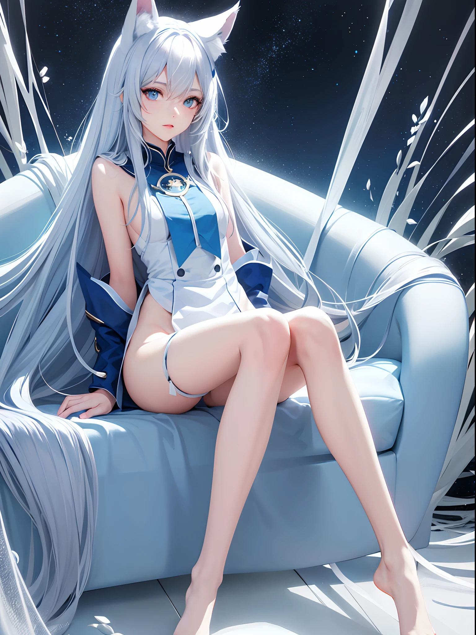 one-girl, on a sofa, Light blue uniform,white hair,fox ears, blue color eyes, (long whitr hair:1.2), naked leg, (Long legs:1.5), cinematic lighting, 8k, anatomically correct, high details, best quality, super detail, ccurate