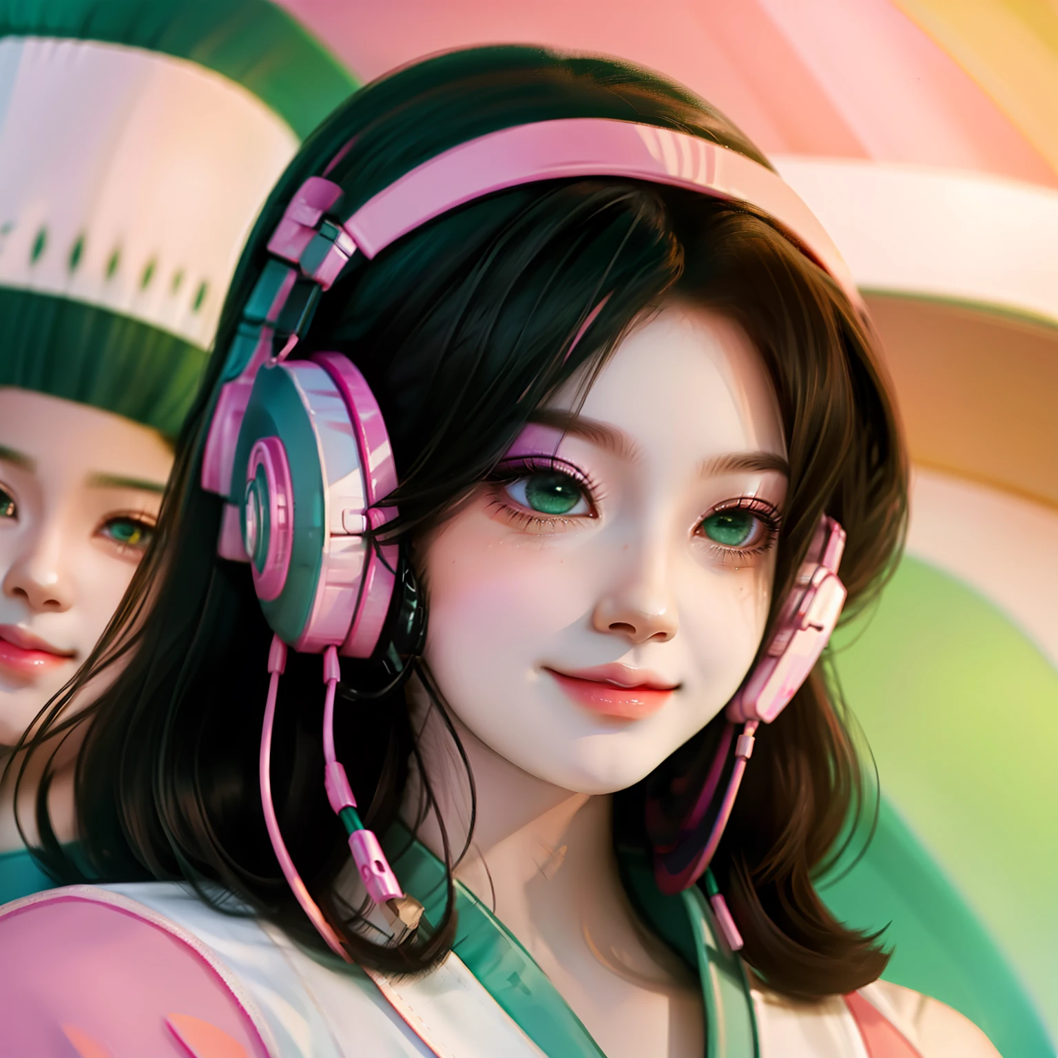 girl listening to music with head phones, anime style, ghibli anime girl, colorful, face to face, smiling, cute, blurred background, black hair, green eyes