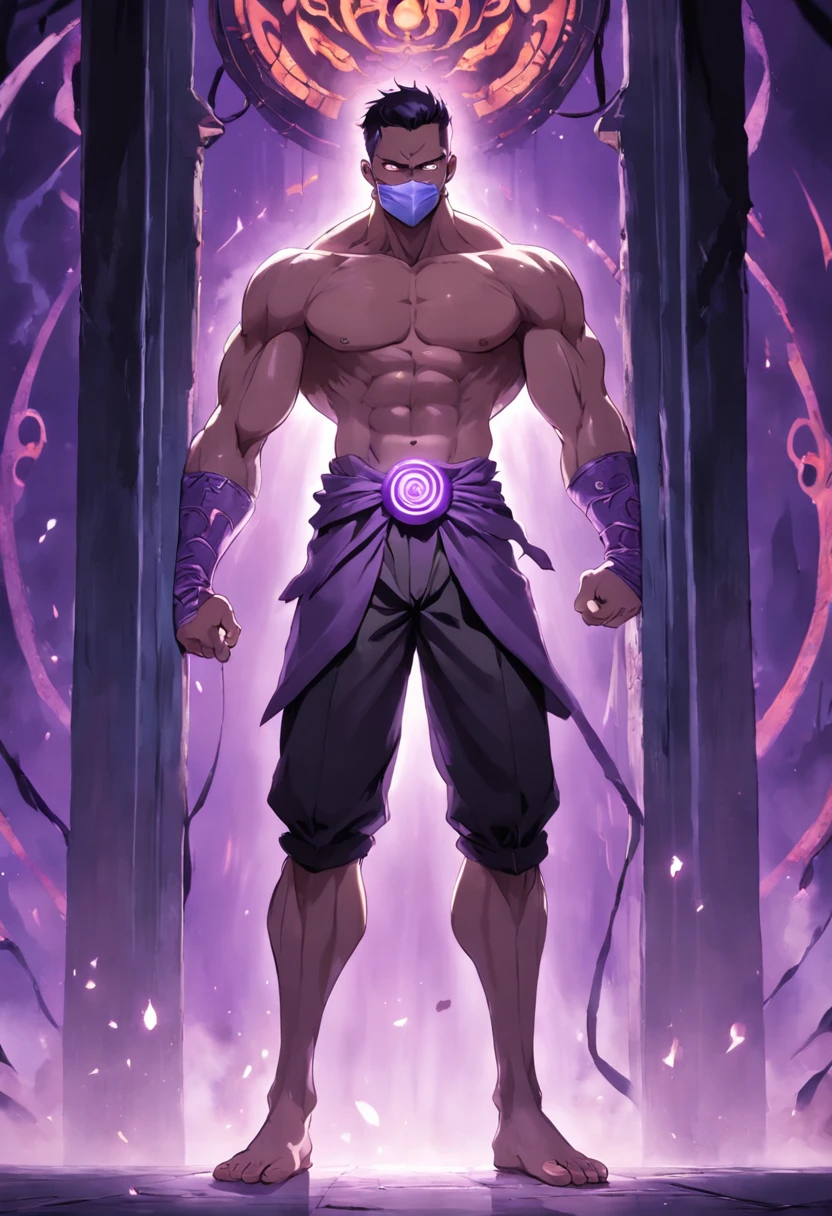 A tall, muscular man is standing in front of a purple portal. He's shirtless, and his body is covered with very obvious scars and he has no weapon this one with his hands free. He wears a theatrical smile mask, and his monk trousers and shoes. The man is standing in silence, seus olhos fixos no portal. The portal is glowing with a purple light, e um som de assobio pode ser ouvido vindo de dentro.